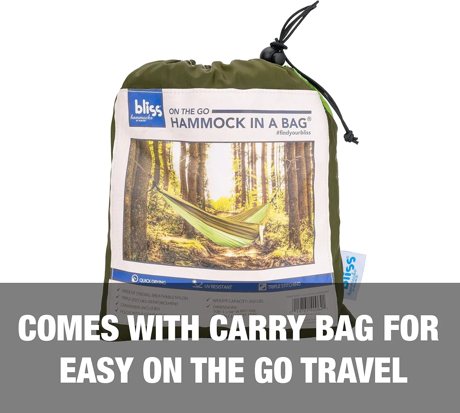 Bliss Hammocks BH-406ST-FG Hammock in a Bag w/ Carabiners   Tree Straps, 52-in. Wide, Weather Resistant, 300 Lb. Capacity (Forest Green)