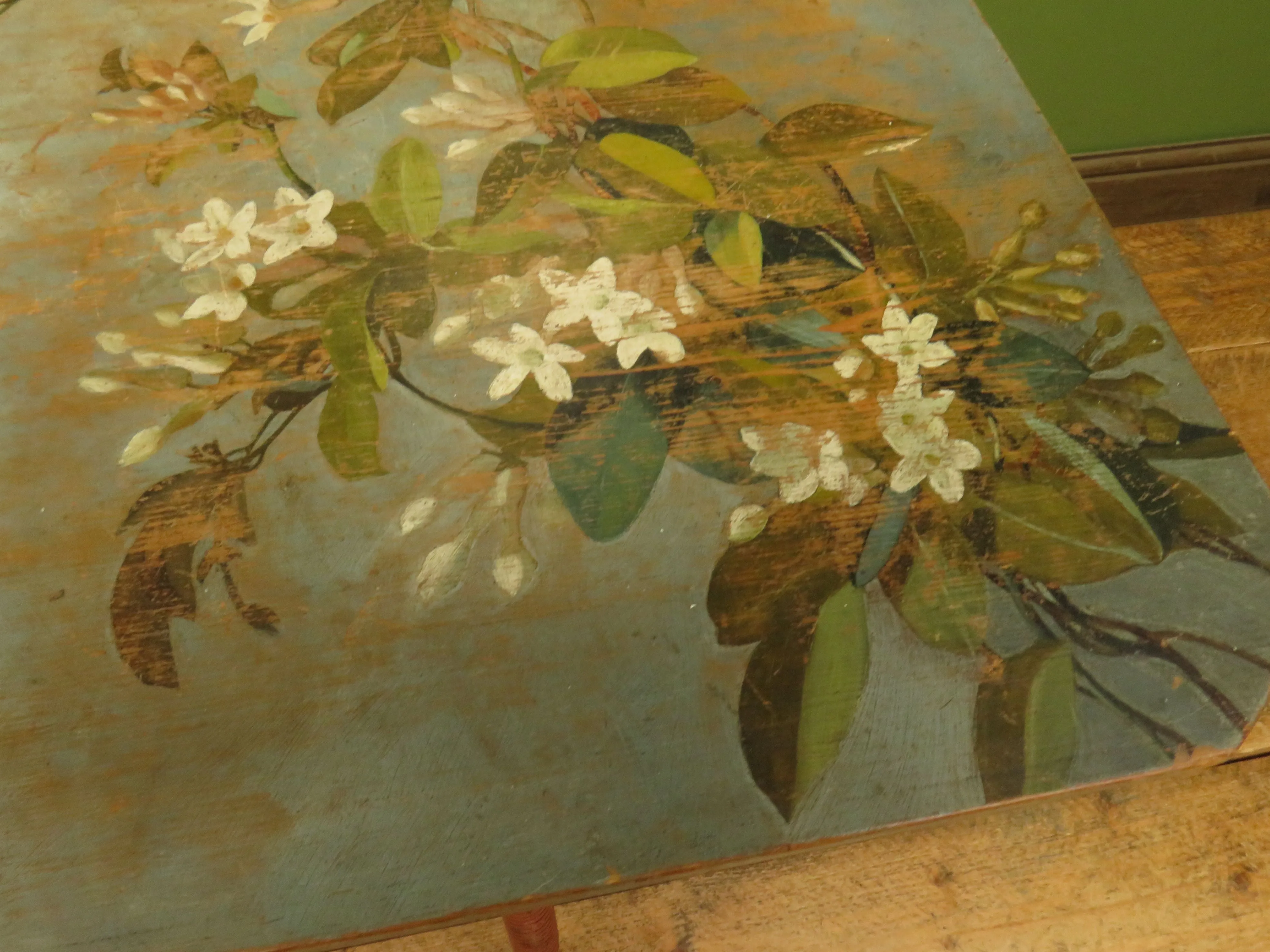 Bloomsbury Style Small Handpainted Table with Red Bobbin Base