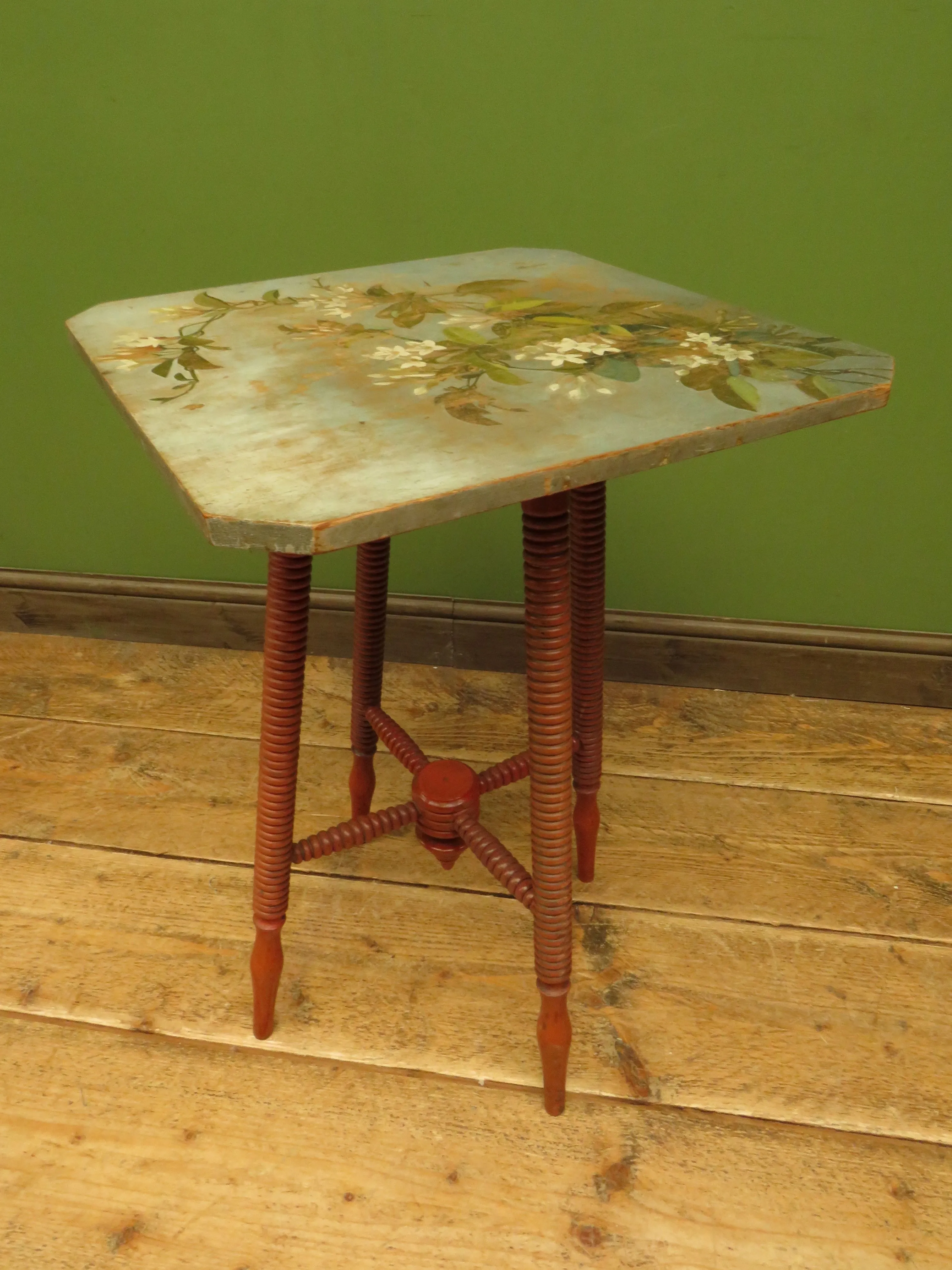 Bloomsbury Style Small Handpainted Table with Red Bobbin Base