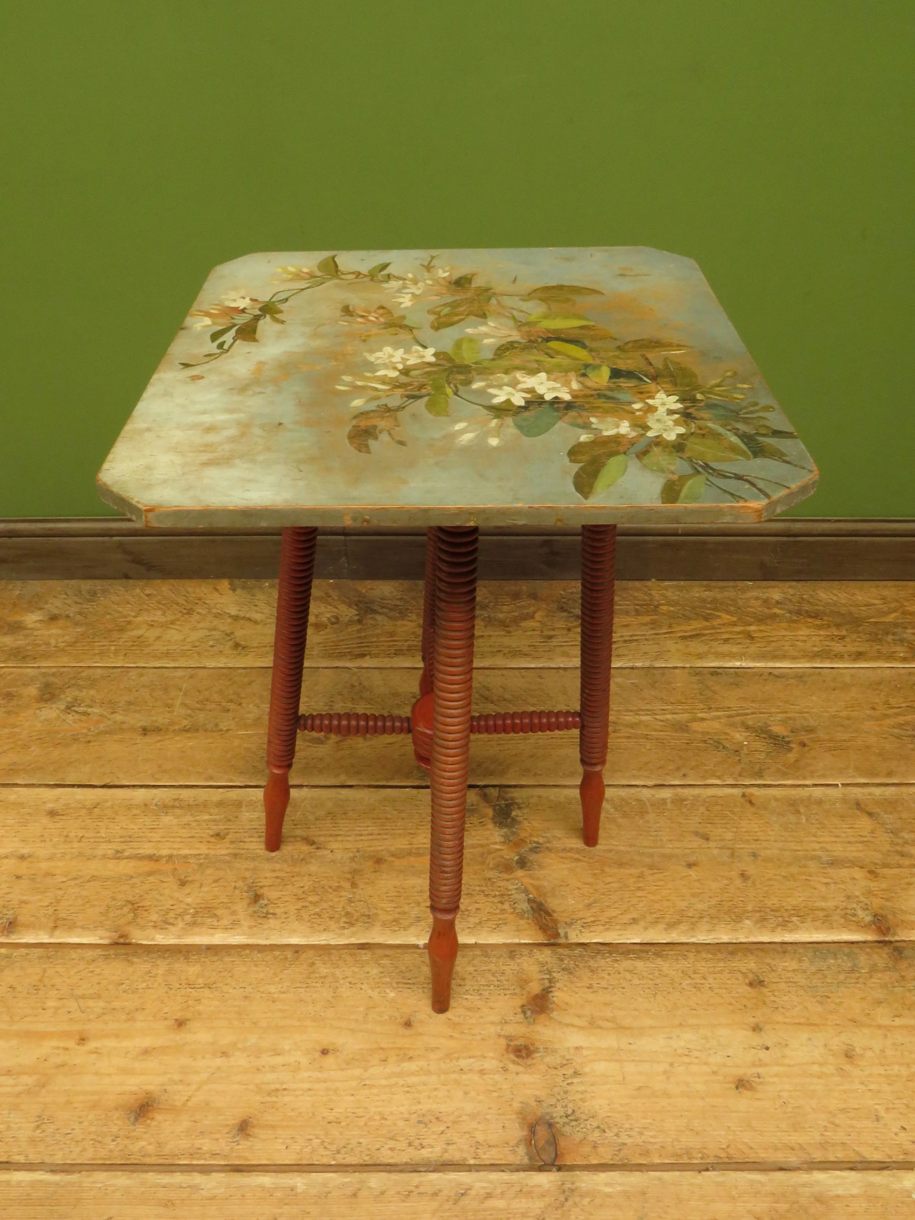 Bloomsbury Style Small Handpainted Table with Red Bobbin Base