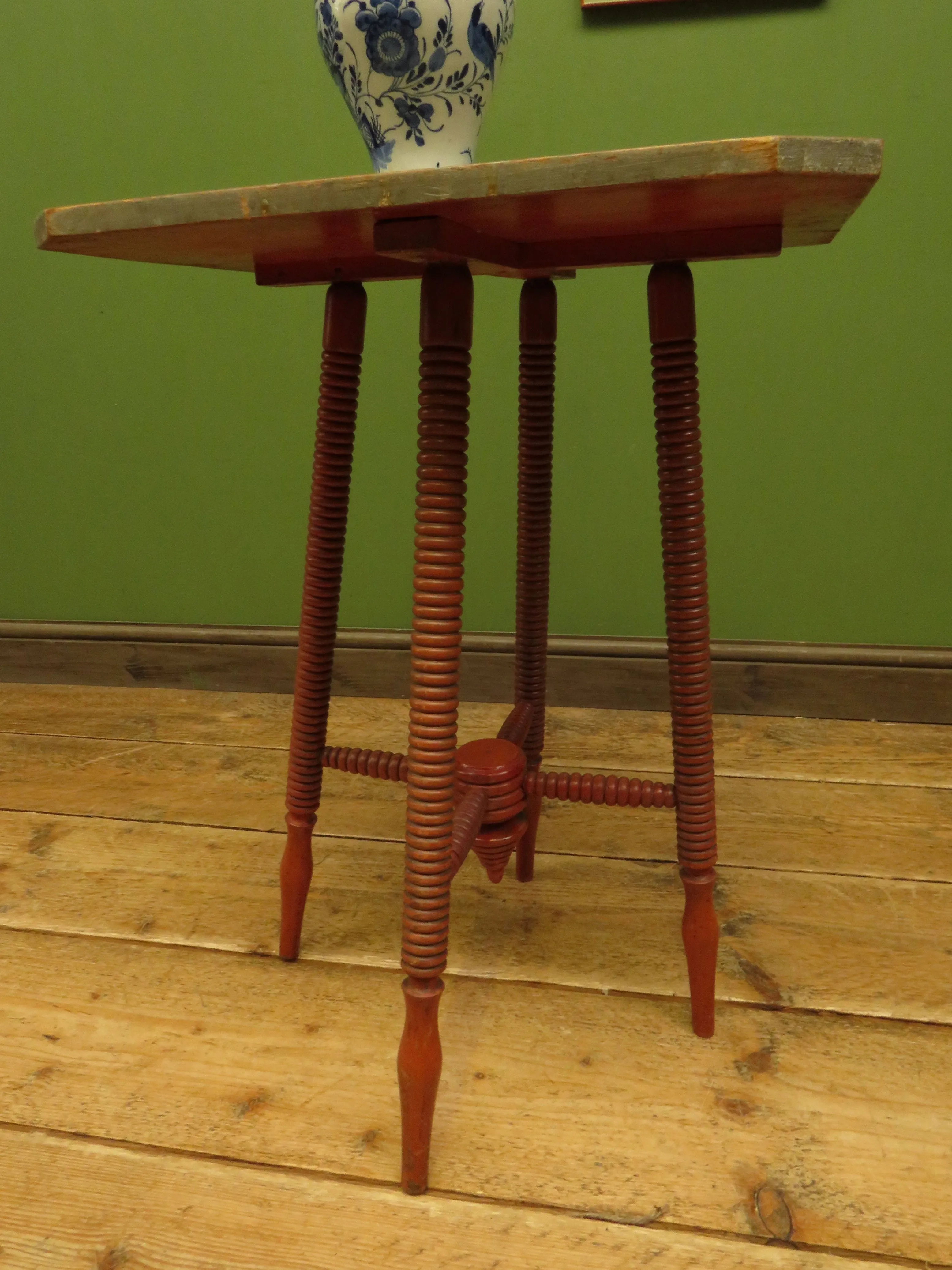 Bloomsbury Style Small Handpainted Table with Red Bobbin Base