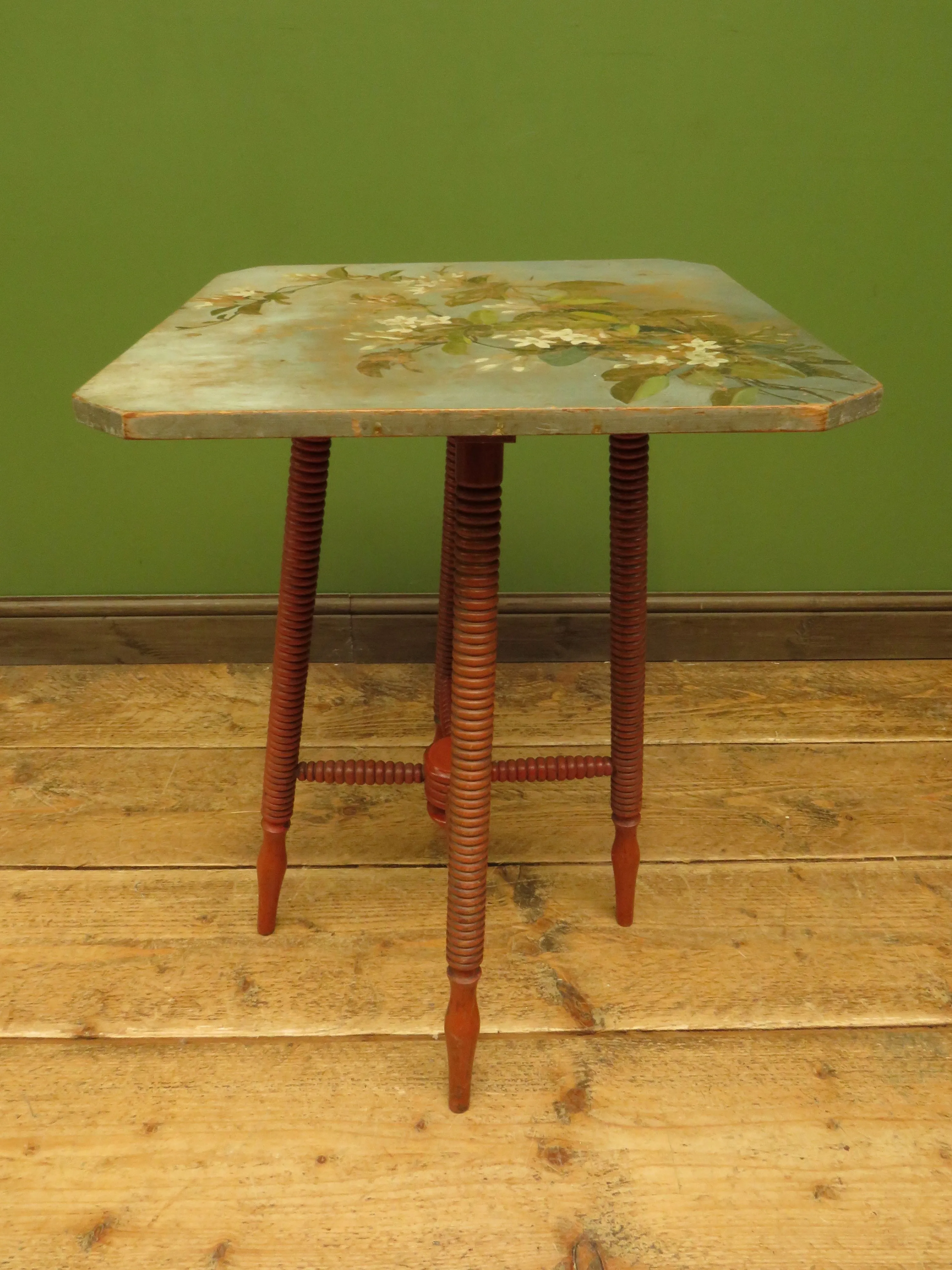 Bloomsbury Style Small Handpainted Table with Red Bobbin Base