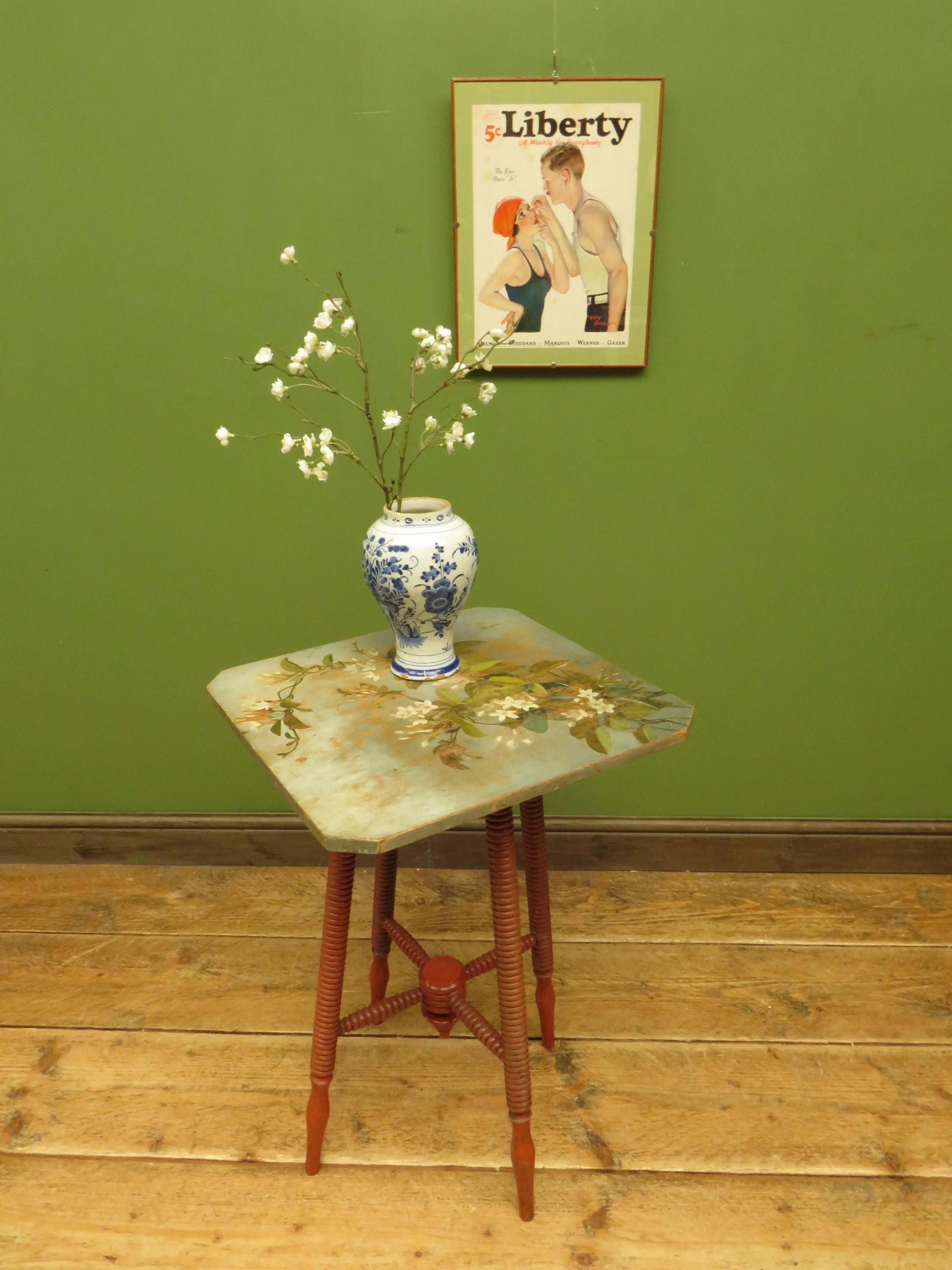 Bloomsbury Style Small Handpainted Table with Red Bobbin Base
