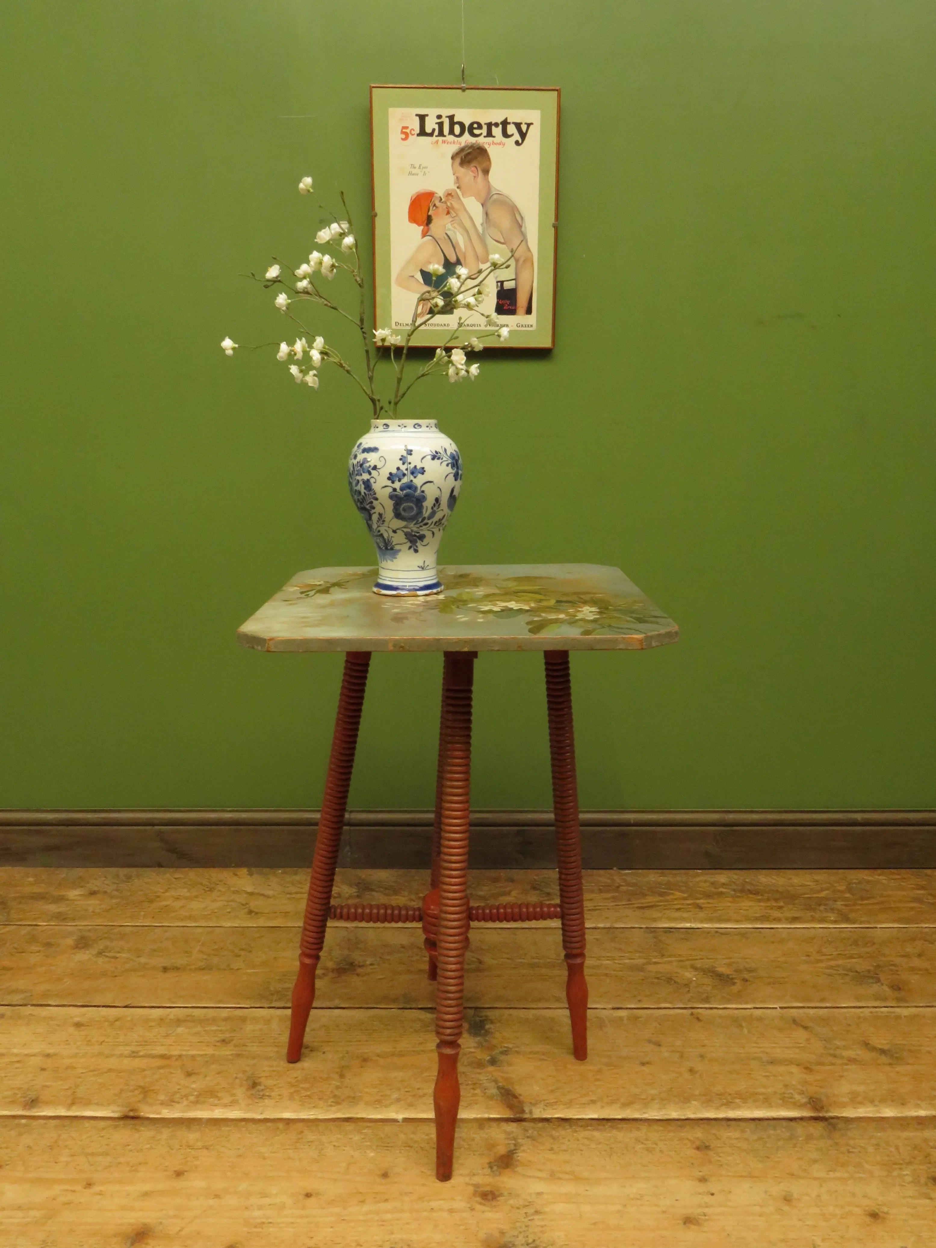 Bloomsbury Style Small Handpainted Table with Red Bobbin Base
