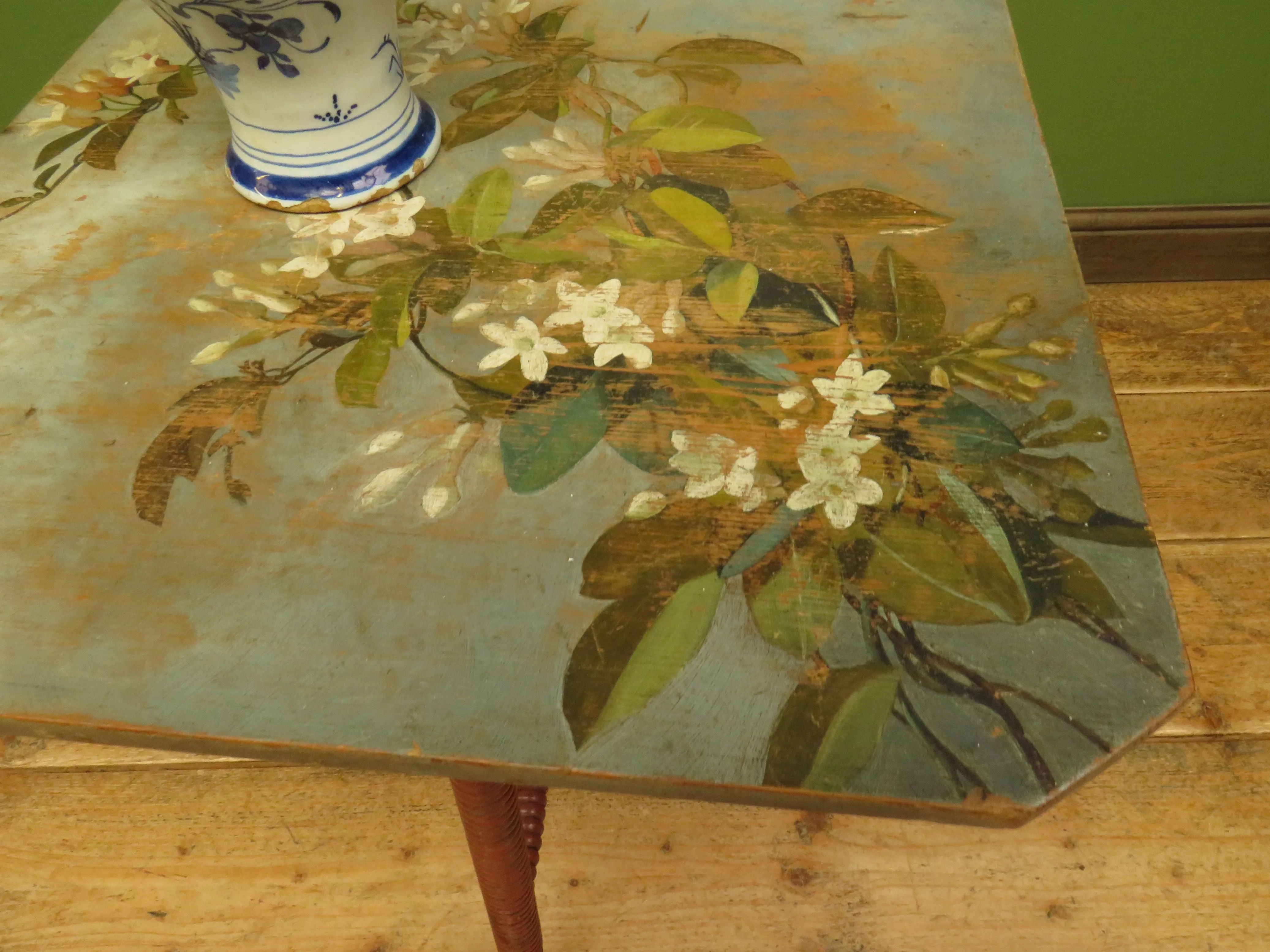 Bloomsbury Style Small Handpainted Table with Red Bobbin Base