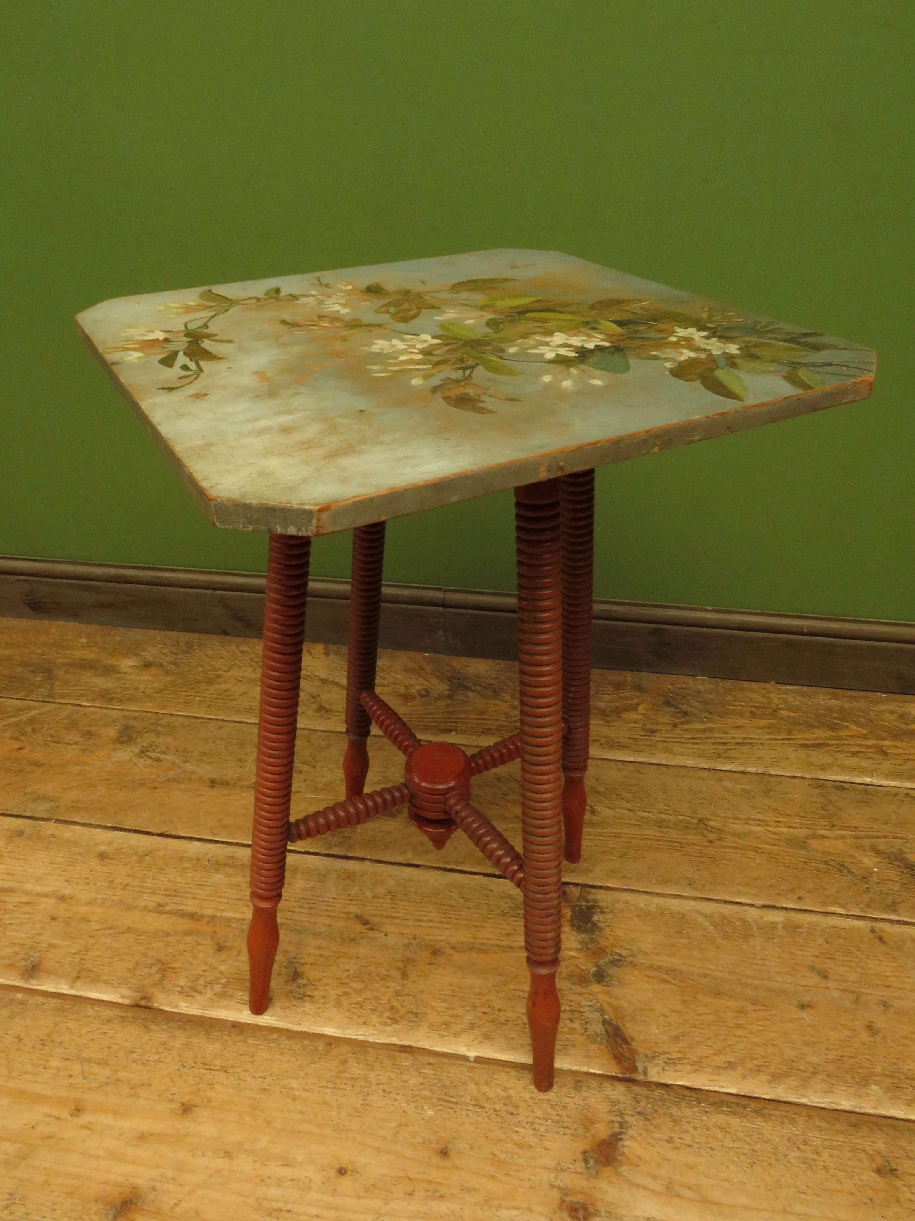 Bloomsbury Style Small Handpainted Table with Red Bobbin Base
