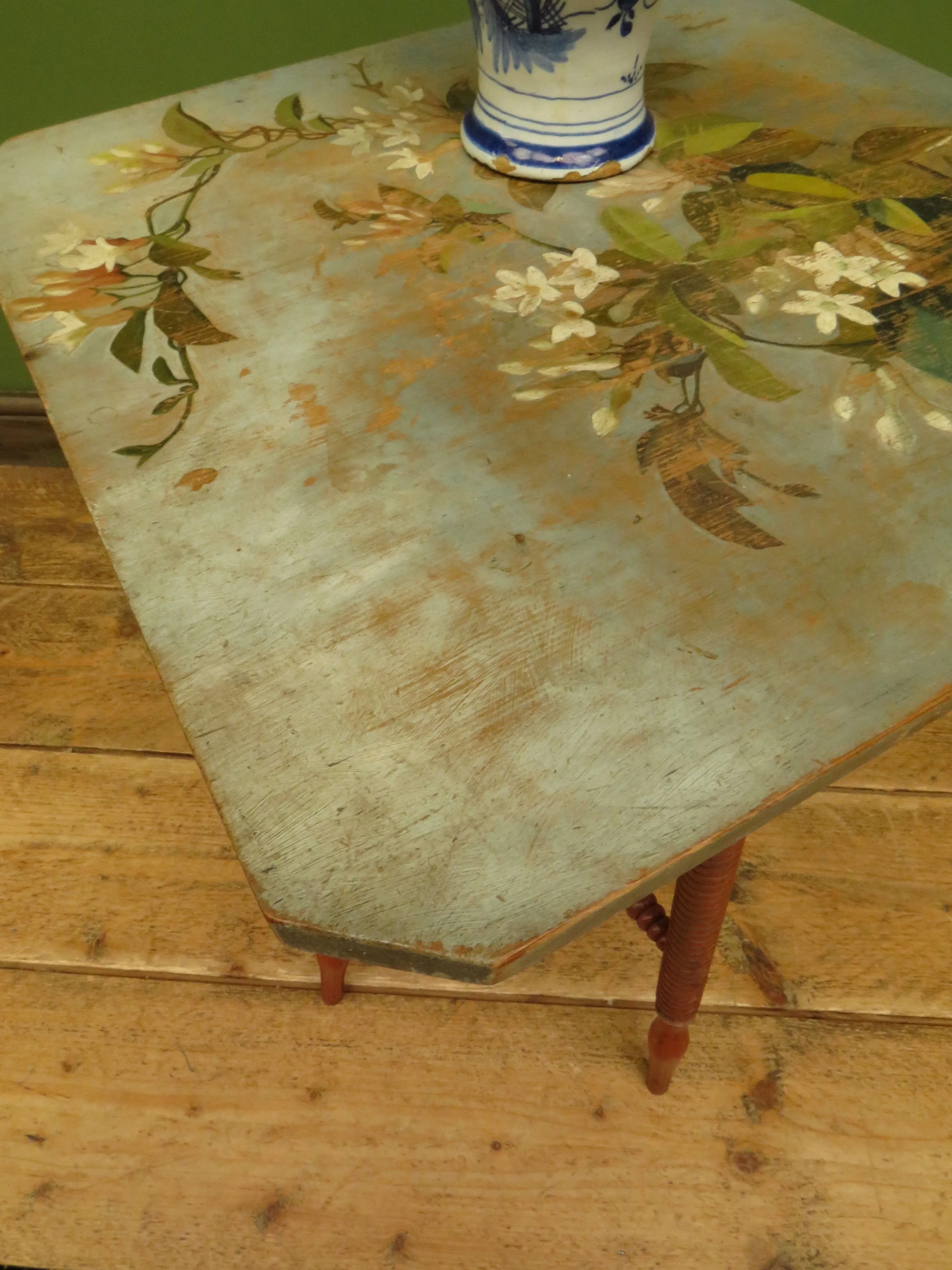 Bloomsbury Style Small Handpainted Table with Red Bobbin Base