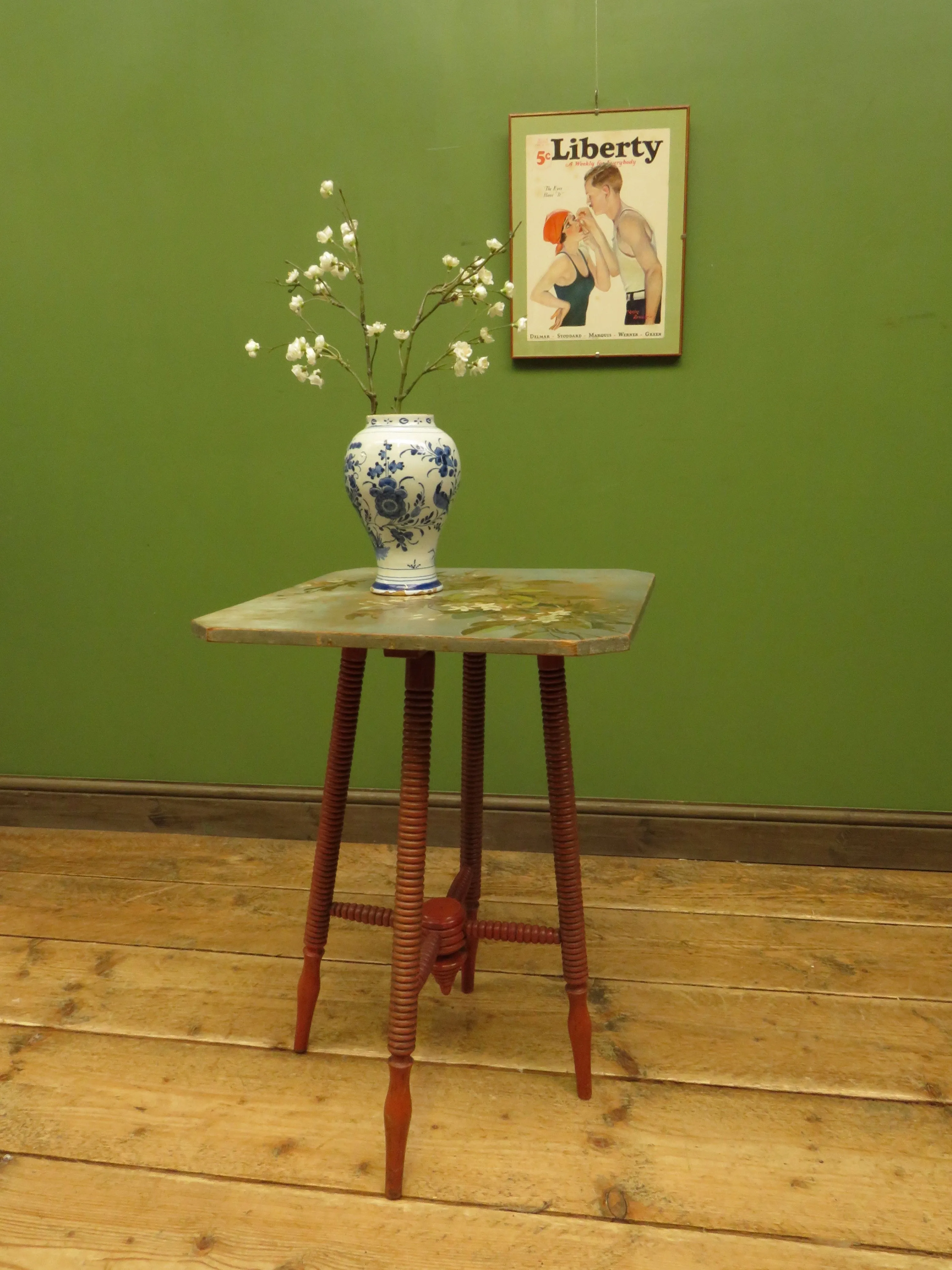 Bloomsbury Style Small Handpainted Table with Red Bobbin Base
