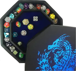 Blue Fire Dragon Dice Tray with Lid – 9" Octagon with Dice Staging Area, Holds 5 Dice Sets – Perfect for D&D, Call of Cthulhu, Shadowrun, and All Tabletop RPGs