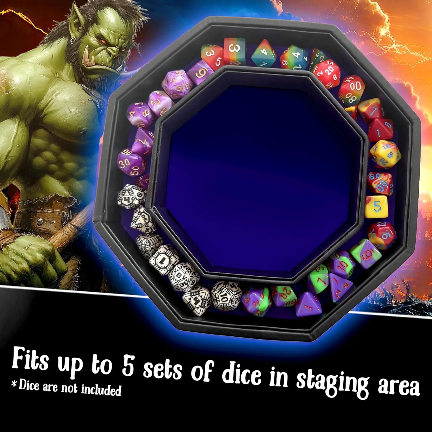 Blue Fire Dragon Dice Tray with Lid – 9" Octagon with Dice Staging Area, Holds 5 Dice Sets – Perfect for D&D, Call of Cthulhu, Shadowrun, and All Tabletop RPGs