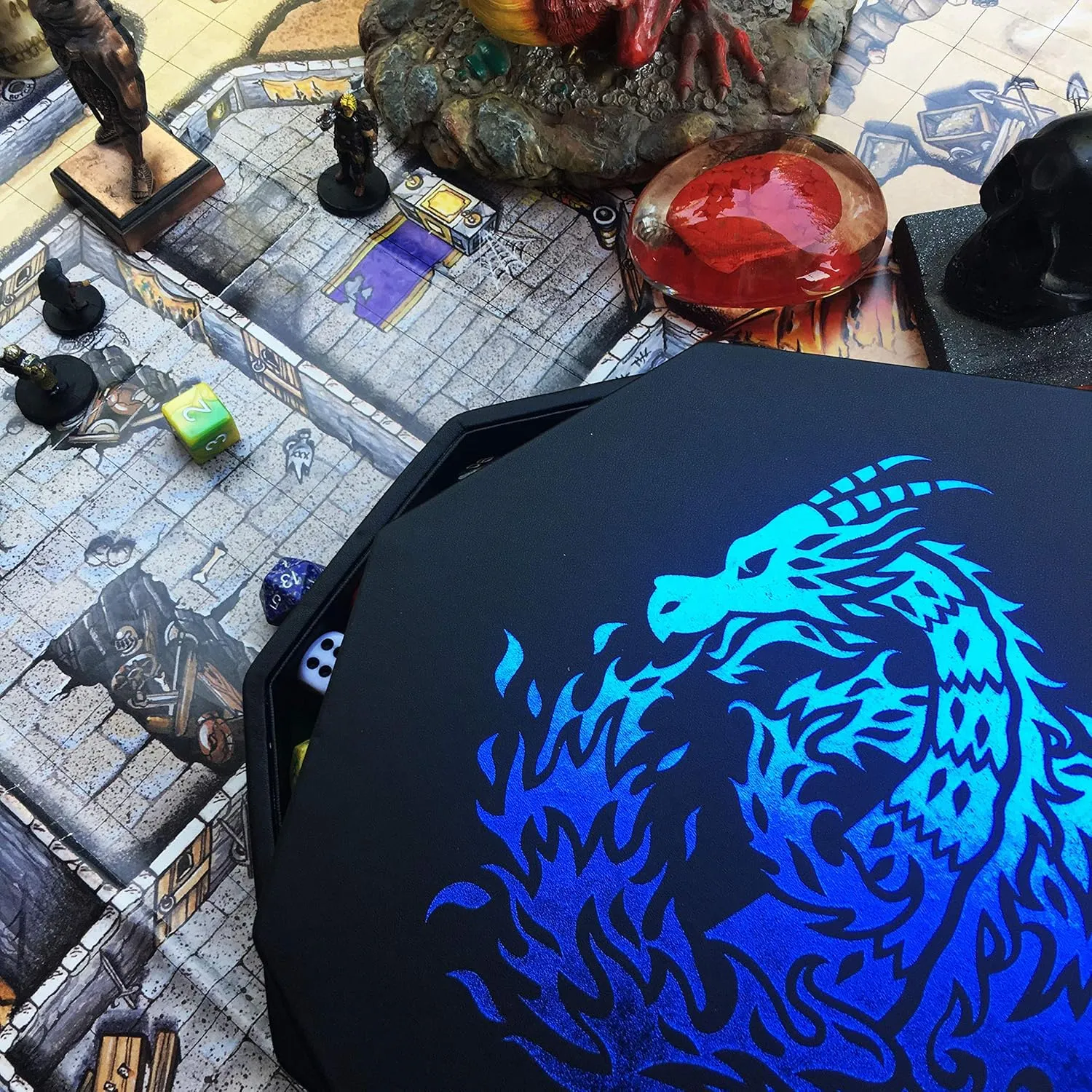 Blue Fire Dragon Dice Tray with Lid – 9" Octagon with Dice Staging Area, Holds 5 Dice Sets – Perfect for D&D, Call of Cthulhu, Shadowrun, and All Tabletop RPGs