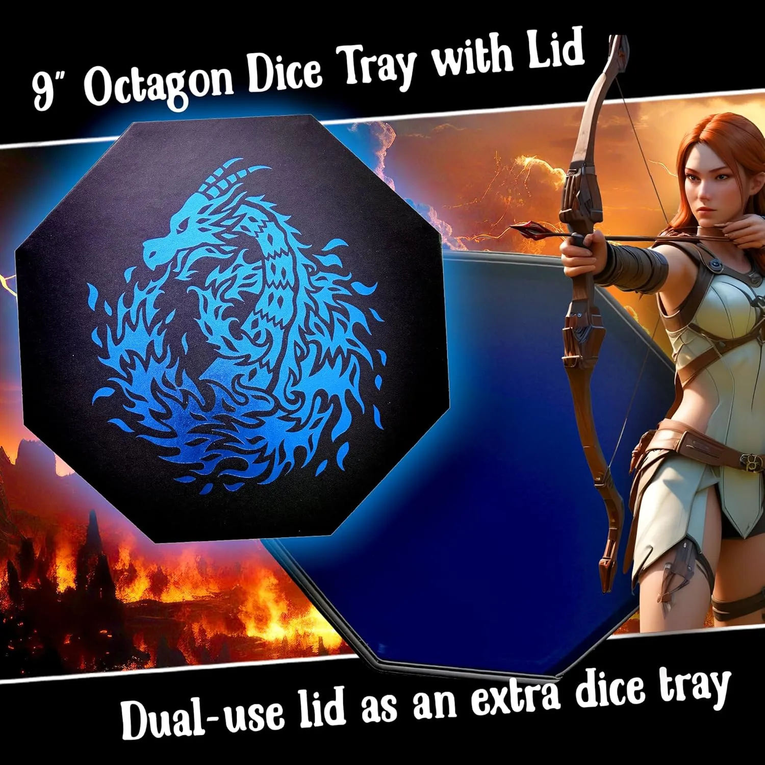 Blue Fire Dragon Dice Tray with Lid – 9" Octagon with Dice Staging Area, Holds 5 Dice Sets – Perfect for D&D, Call of Cthulhu, Shadowrun, and All Tabletop RPGs