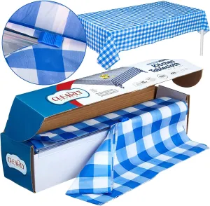 Blue Gingham Picnic / Party Plastic Tablecloth Roll, Disposable Picnic colored Table cloth On a Roll With Self Cutter Box,Cut Tablecloth To Your Own Table Size,Indoor/Outdoor, By Clearly Elegant