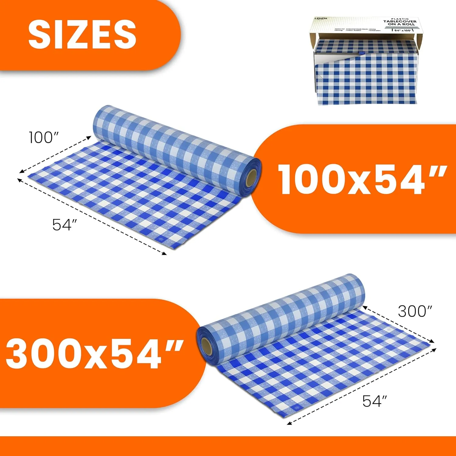 Blue Gingham Premium Plastic Tablecloth Roll - 54" x300' for Parties with Cutter Box - Cut to Size Rectangle & Round Disposable Tablecloth Plastic Table Cover