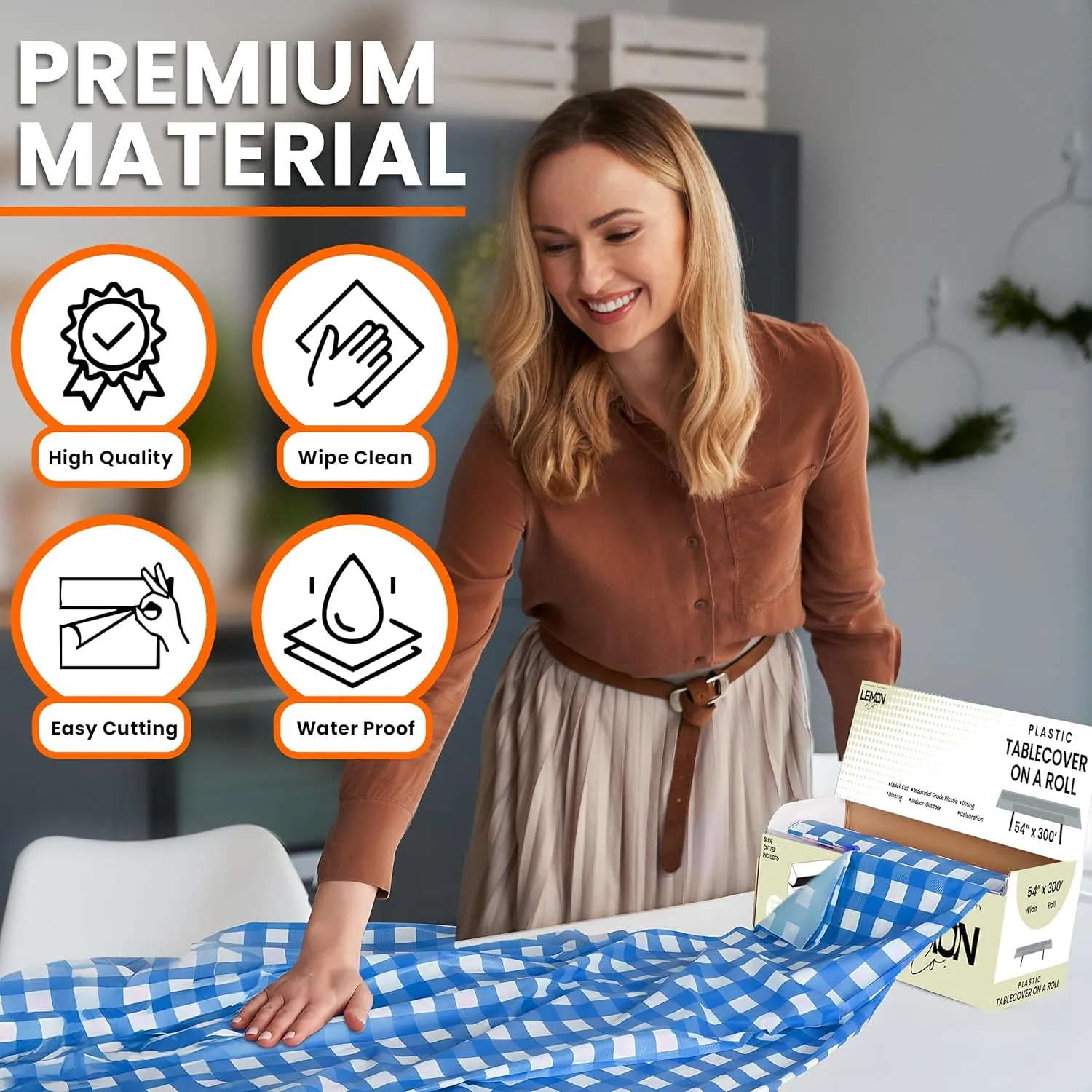 Blue Gingham Premium Plastic Tablecloth Roll - 54" x300' for Parties with Cutter Box - Cut to Size Rectangle & Round Disposable Tablecloth Plastic Table Cover