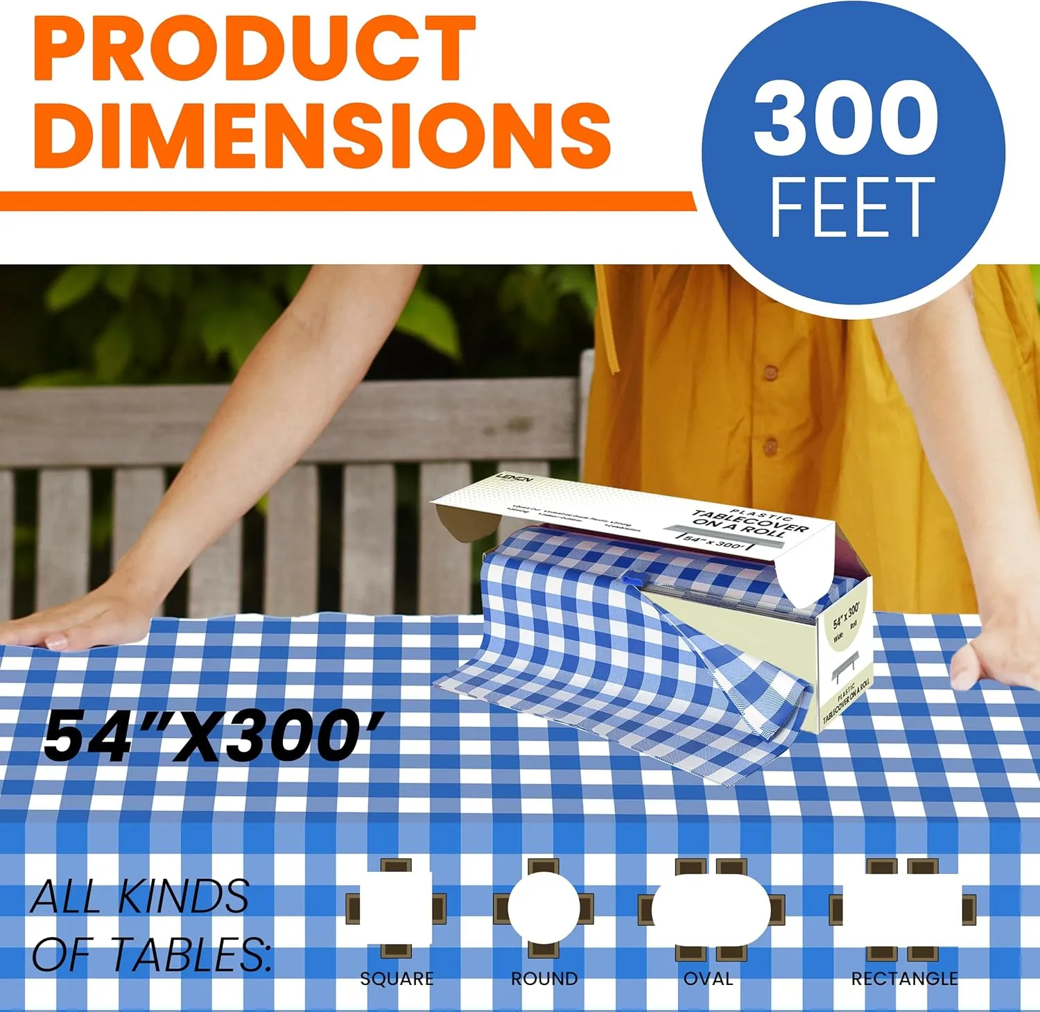 Blue Gingham Premium Plastic Tablecloth Roll - 54" x300' for Parties with Cutter Box - Cut to Size Rectangle & Round Disposable Tablecloth Plastic Table Cover