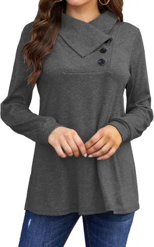Bluetime Women's Fall Long Sleeve Cowl Neck Button Tunic Tops Lightweight Sweatshirts