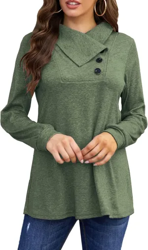 Bluetime Women's Fall Long Sleeve Cowl Neck Button Tunic Tops Lightweight Sweatshirts