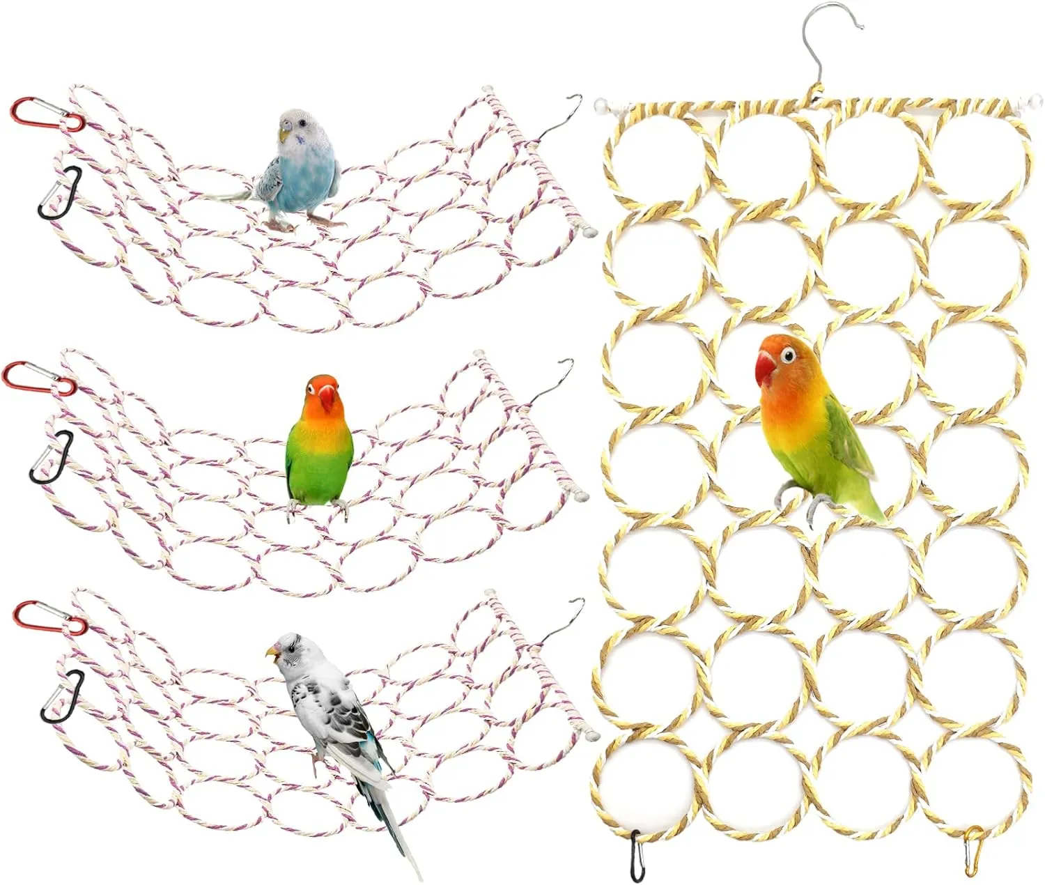 BNOSDM 4 Packs Bird Hemp Rope Net Swing Climbing Rope Net for Birds Parrot Ladder Macaw Hanging Hammock Activity Toy for Rats Parakeet Cockatiel Cockatoo Conure African Grey Budgie