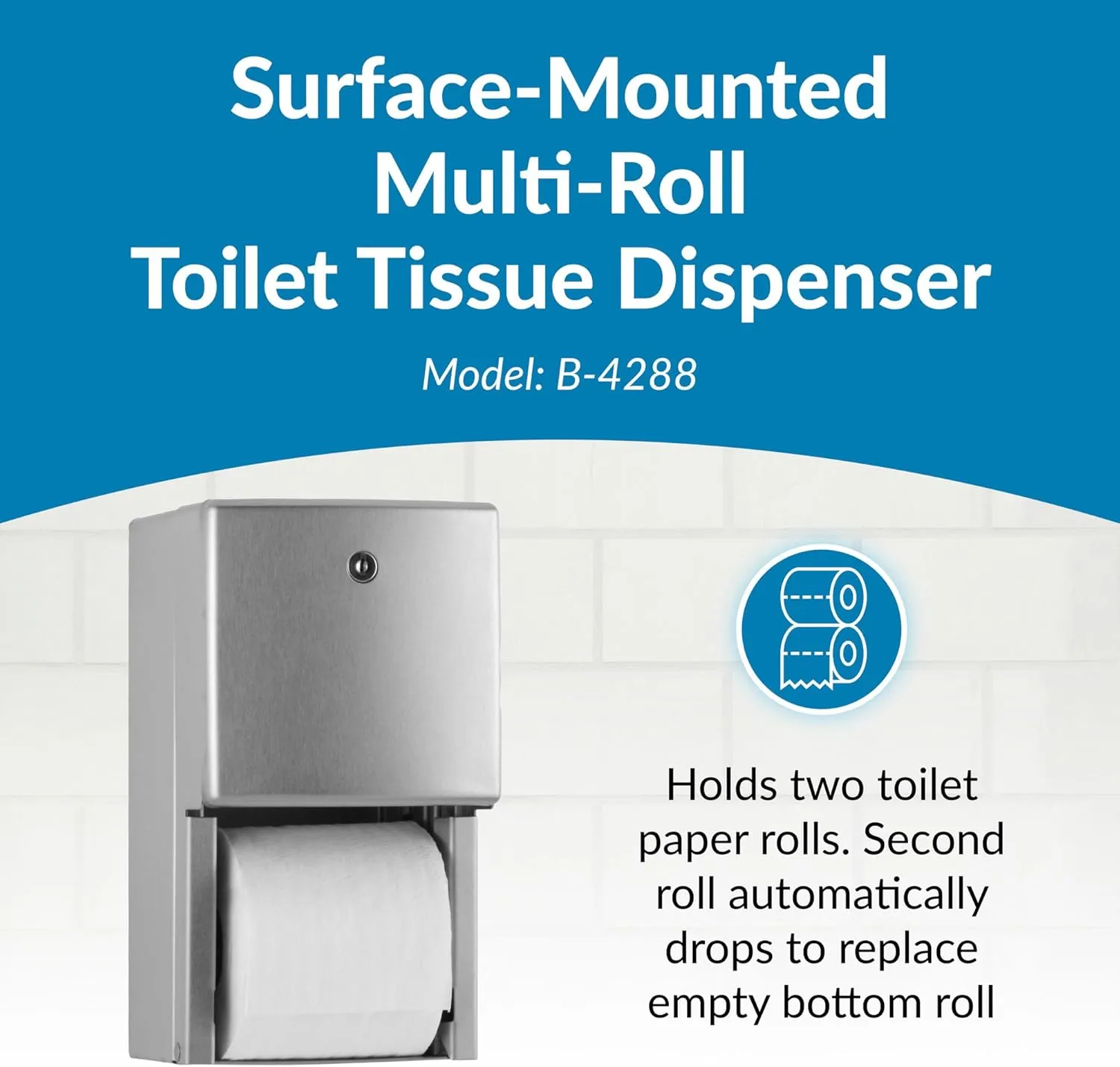 Bobrick Surface-Mounted Multi-Roll Toilet Tissue Dispenser – Satin-Finish Stainless Steel, ADA Compliant, Holds Two Standard Rolls, Theft-Resistant Heavy-Duty Spindles, ConturaSeries Design (Model B-4288)