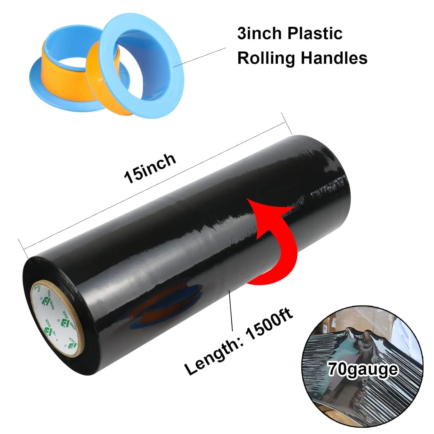 BOMEI PACK 2 Pack 1500ft Industrial Black Stretch Wrap Film 70 Gauge 15" with 3inch Plastic Rolling Handles for Pallet Wrap, Durable Self-Adhering Packing, Moving, Heavy Duty Shrink Film