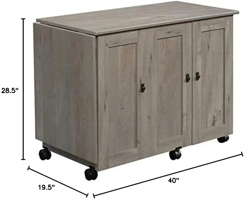 BOWERY HILL Contemporary Engineered Wood Sewing Craft Table with 2 Doors, 2 Storage Bins, Hidden Shelf, 2 Adjustable Shelves, Easy-Roll Casters, in Mystic Oak Finish