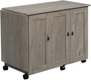 BOWERY HILL Contemporary Engineered Wood Sewing Craft Table with 2 Doors, 2 Storage Bins, Hidden Shelf, 2 Adjustable Shelves, Easy-Roll Casters, in Mystic Oak Finish