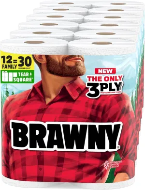 Brawny Tear-A-Square 3-Ply Paper Towels, 12 XL Family Rolls = 30 Regular Rolls, Strong, Absorbent, and Durable with 3 Sheet Sizes (Quarter, Half, Full)