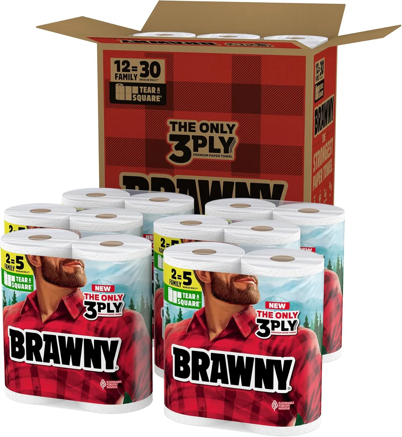 Brawny Tear-A-Square 3-Ply Paper Towels, 12 XL Family Rolls = 30 Regular Rolls, Strong, Absorbent, and Durable with 3 Sheet Sizes (Quarter, Half, Full)