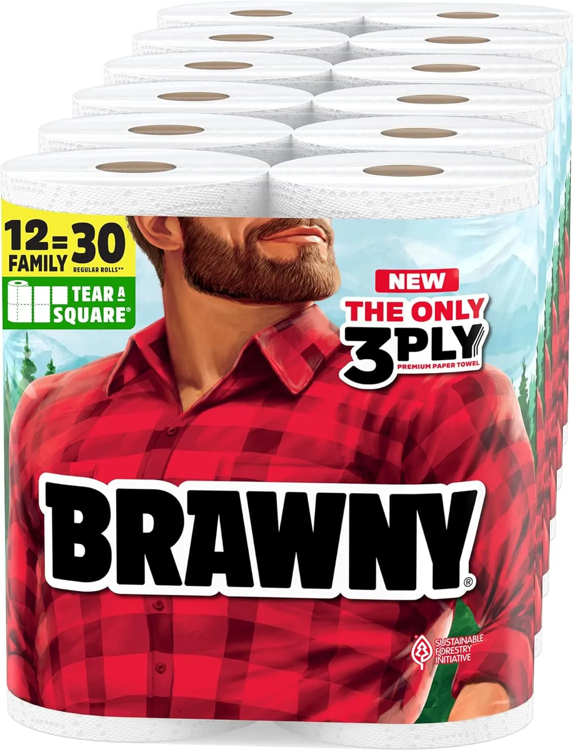 Brawny Tear-A-Square 3-Ply Paper Towels, 12 XL Family Rolls = 30 Regular Rolls, Strong, Absorbent, and Durable with 3 Sheet Sizes (Quarter, Half, Full)