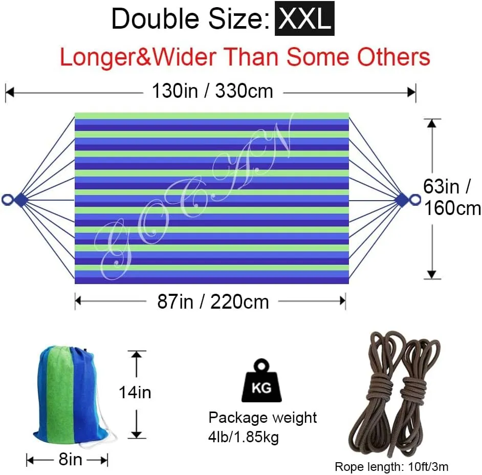 Brazilian Double Hammock 2 Person Extra Large 220x160cm Total Length 330cm Load 500lb Canvas Cotton Hammock for Patio Porch Garden Backyard Lounging Outdoor and Indoor(Blue/Green) XXL