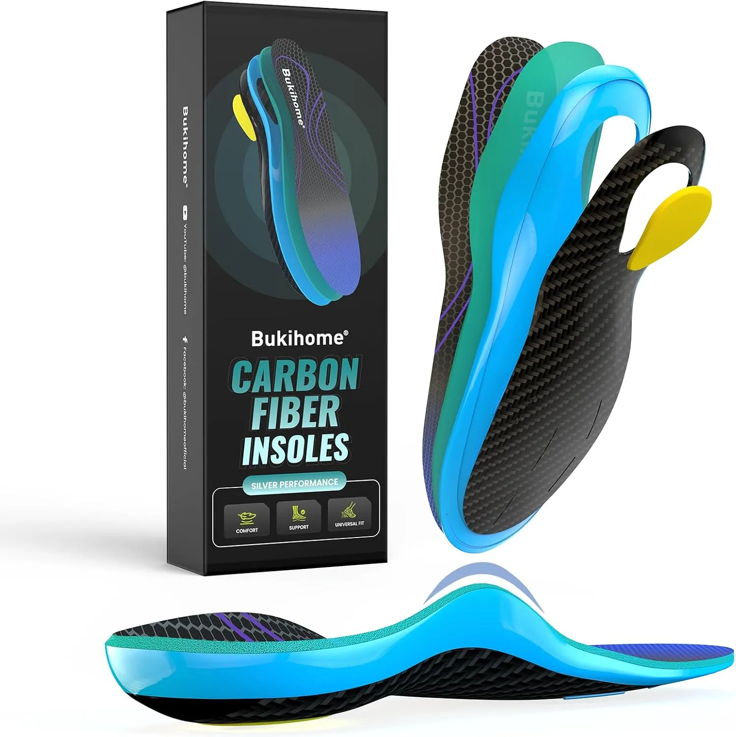 Bukihome Carbon Fiber Insoles -（1 Pair） High Arch & Rigid Support - Extra Energy Return - Non-Cleated Shoes - Running, Hiking - Injury Prevention - Volleyball, Basketball, Racquet Sports - S