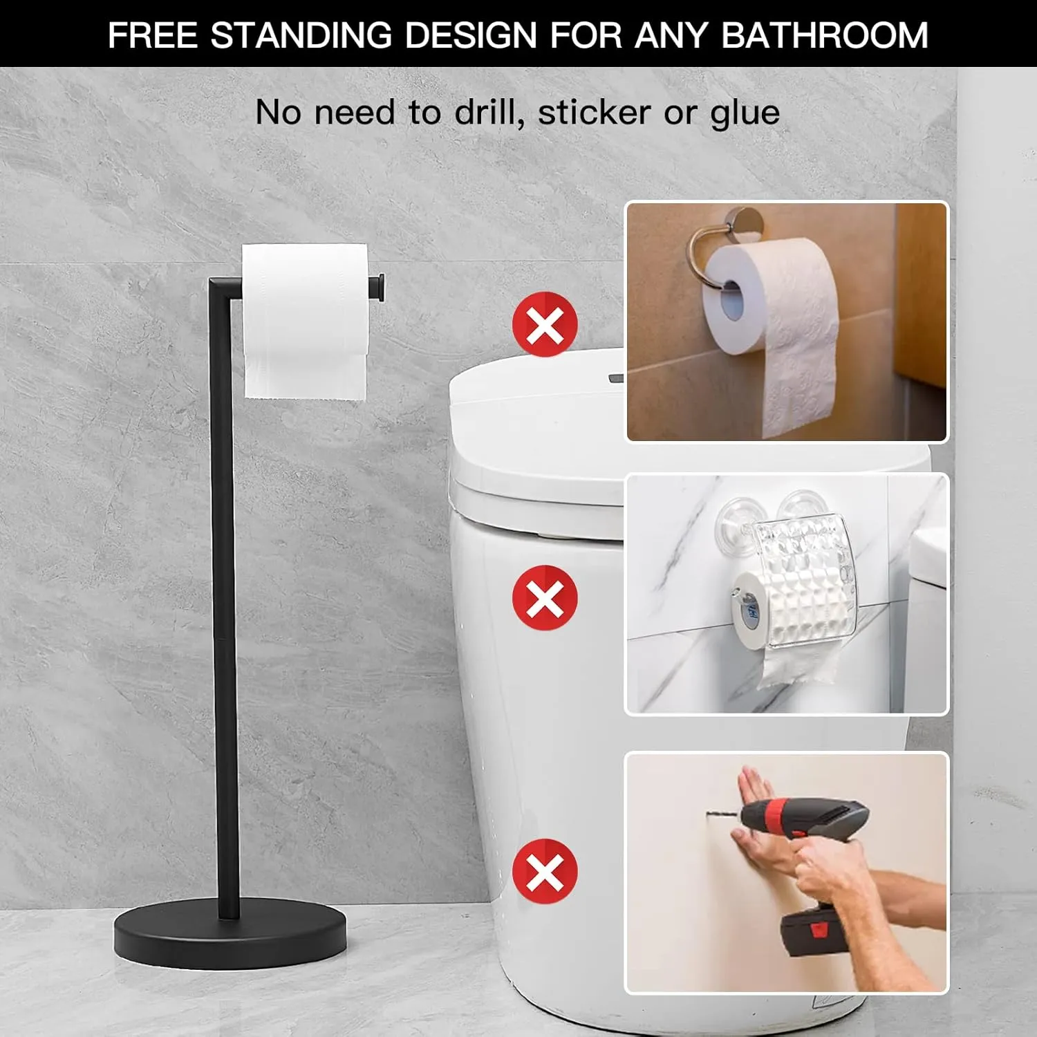 BWE Bathroom Toilet Paper Holder Stand Matte Black SUS304 Stainless Steel RV Modern Freestanding Toilet Paper Roll Holder for Bathroom Kitchen and Washroom with Heavy Weighted Base