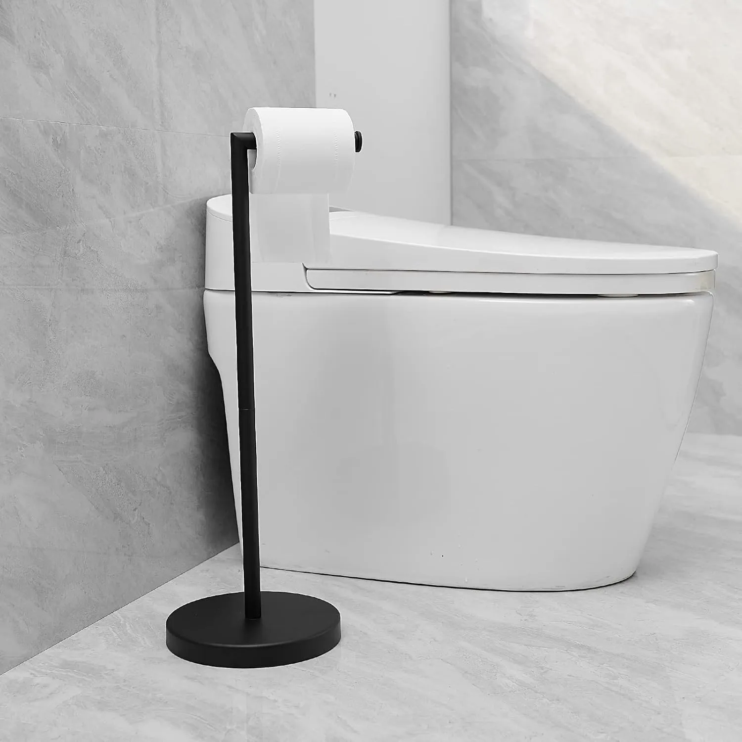 BWE Bathroom Toilet Paper Holder Stand Matte Black SUS304 Stainless Steel RV Modern Freestanding Toilet Paper Roll Holder for Bathroom Kitchen and Washroom with Heavy Weighted Base