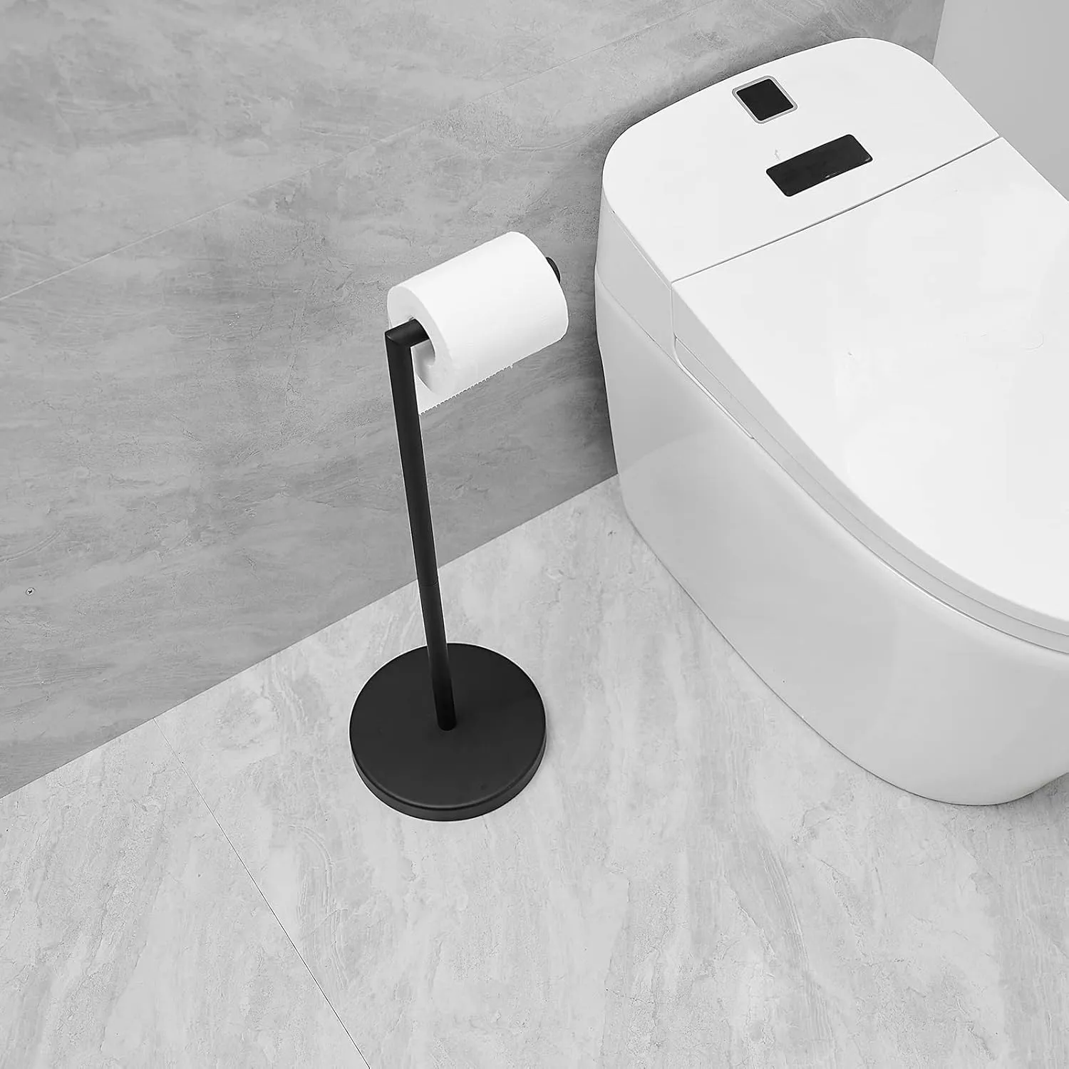 BWE Bathroom Toilet Paper Holder Stand Matte Black SUS304 Stainless Steel RV Modern Freestanding Toilet Paper Roll Holder for Bathroom Kitchen and Washroom with Heavy Weighted Base
