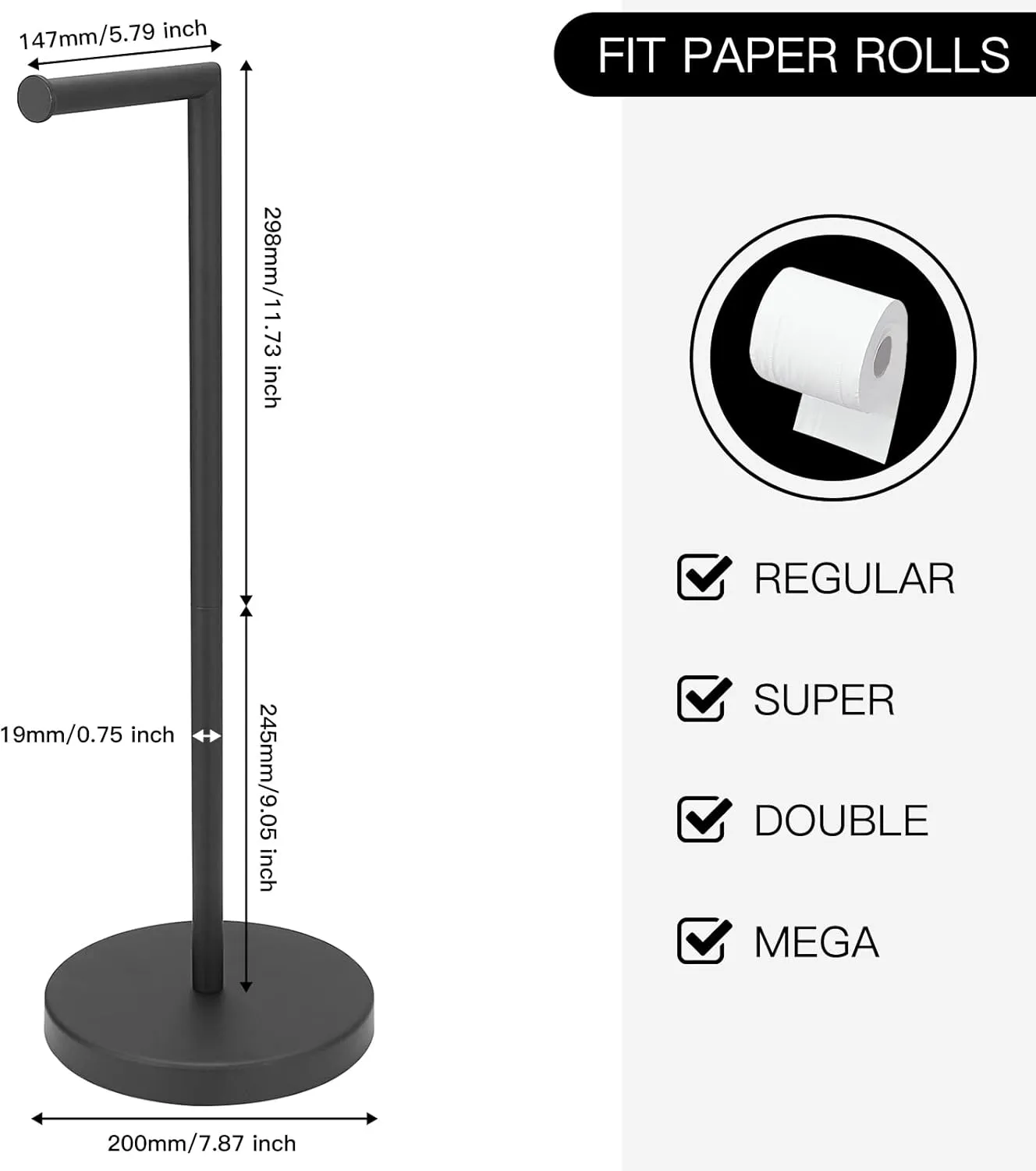 BWE Bathroom Toilet Paper Holder Stand Matte Black SUS304 Stainless Steel RV Modern Freestanding Toilet Paper Roll Holder for Bathroom Kitchen and Washroom with Heavy Weighted Base