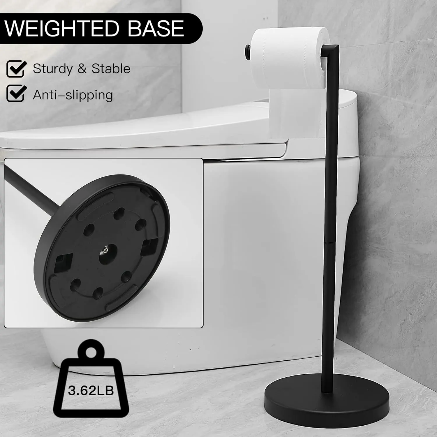 BWE Bathroom Toilet Paper Holder Stand Matte Black SUS304 Stainless Steel RV Modern Freestanding Toilet Paper Roll Holder for Bathroom Kitchen and Washroom with Heavy Weighted Base