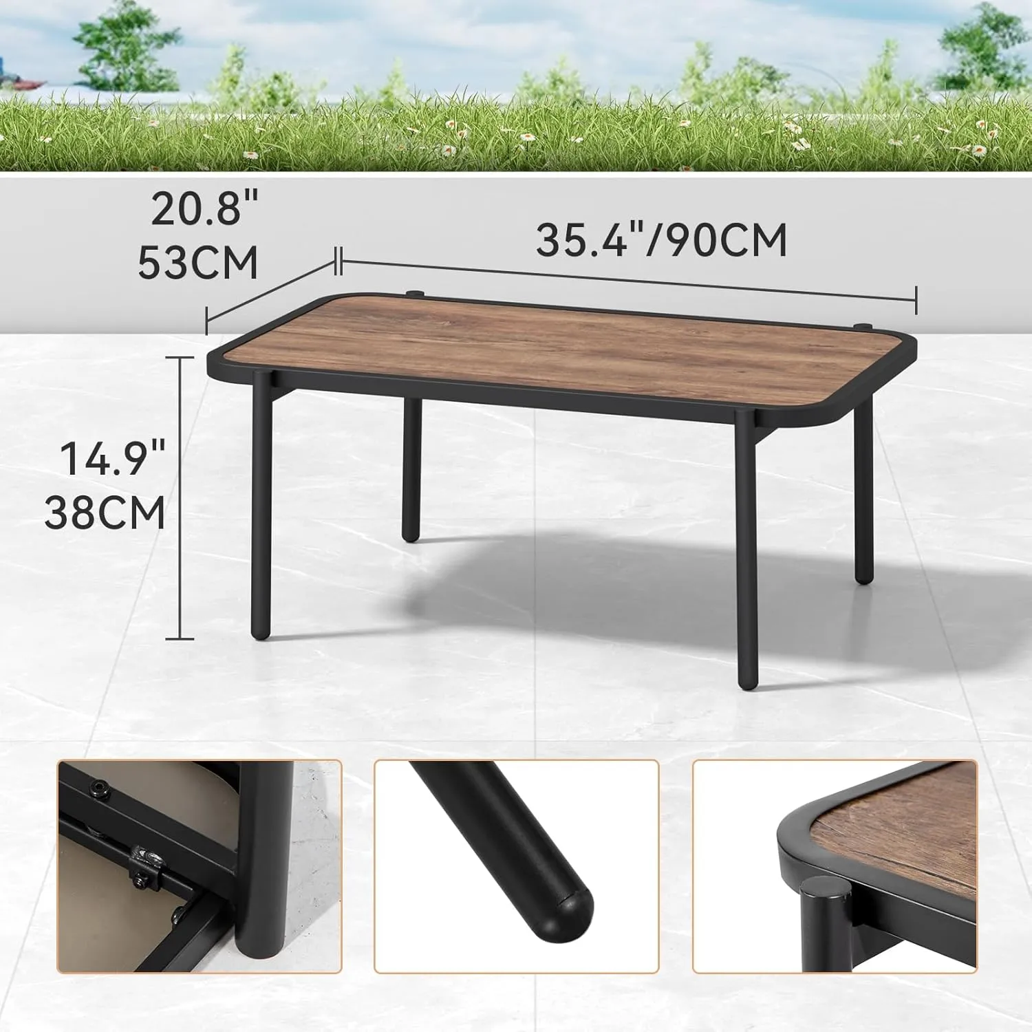 C-Hopetree Small Metal Patio Coffee Table for Outside, Outdoor Side Table with Woodgrain Top