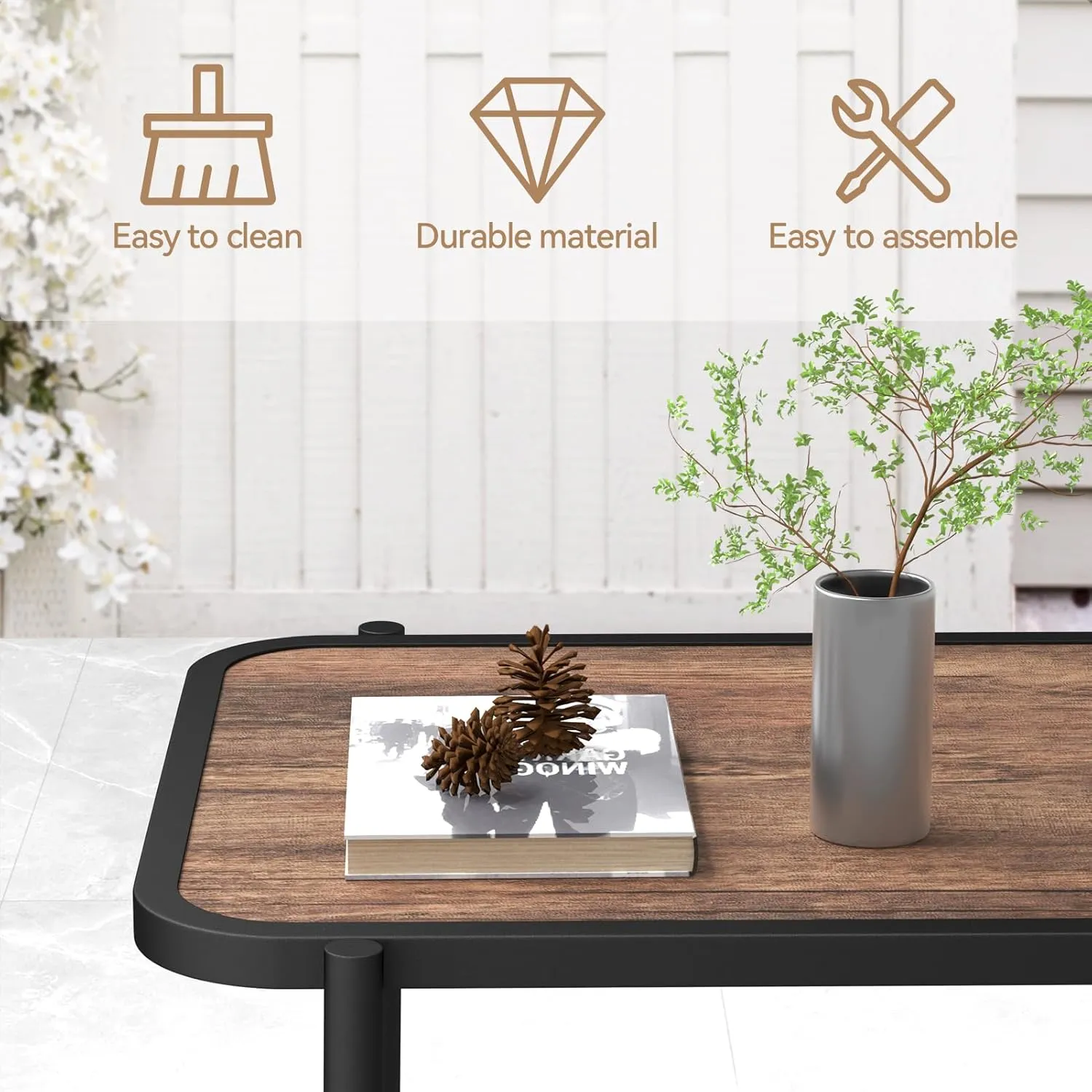 C-Hopetree Small Metal Patio Coffee Table for Outside, Outdoor Side Table with Woodgrain Top