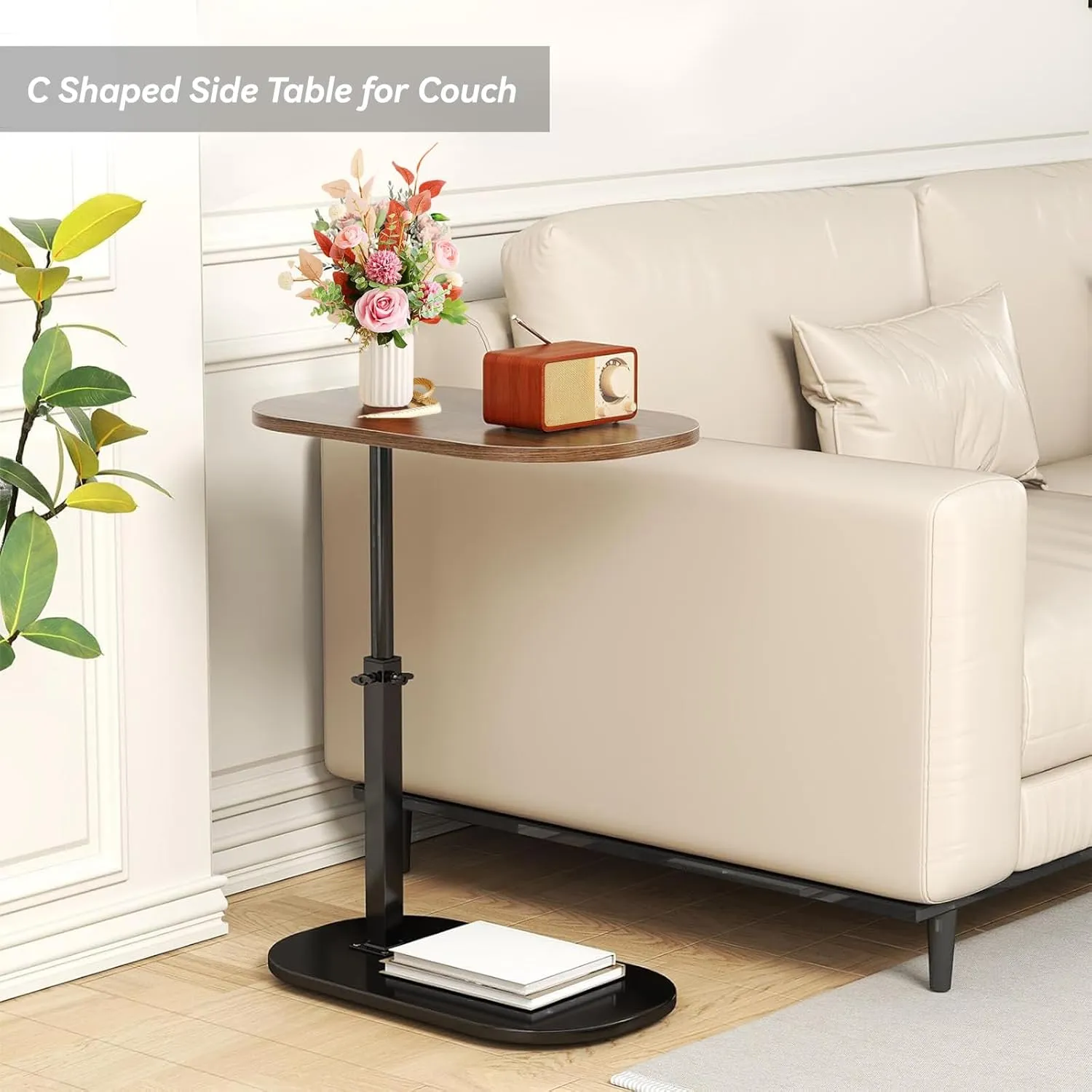 C Shaped End Table, Adjustable Height TV Tray, Swivel Couch Side Table That Slides Under (Walnut)