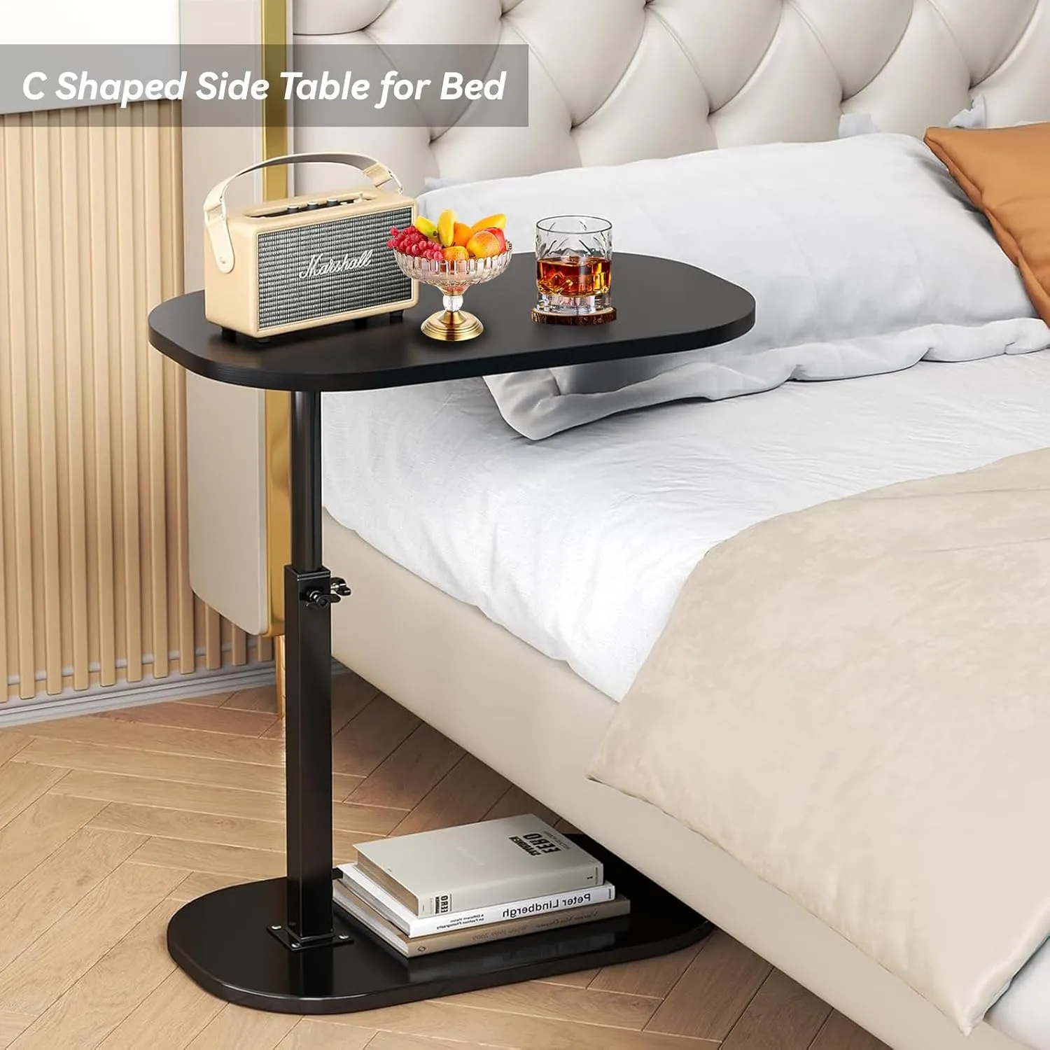 C Shaped End Table, Adjustable Height TV Tray, Swivel Couch Side Table That Slides Under (Walnut)
