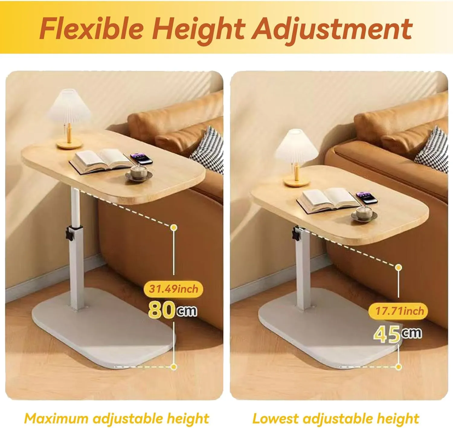 C Shaped End Table, Adjustable Height TV Tray, Swivel Couch Side Table That Slides Under (Walnut)