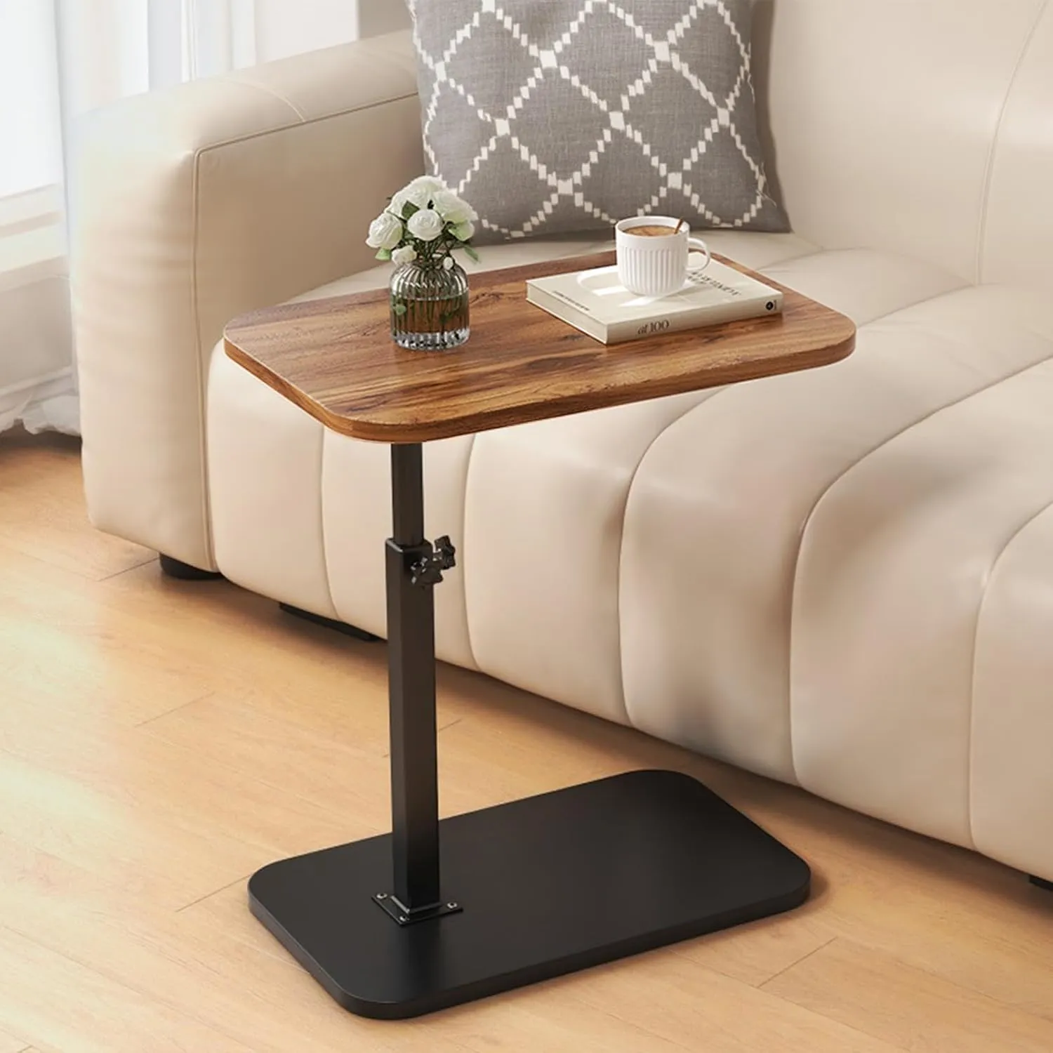C Shaped End Table, Adjustable Height TV Tray, Swivel Couch Side Table That Slides Under (Walnut)