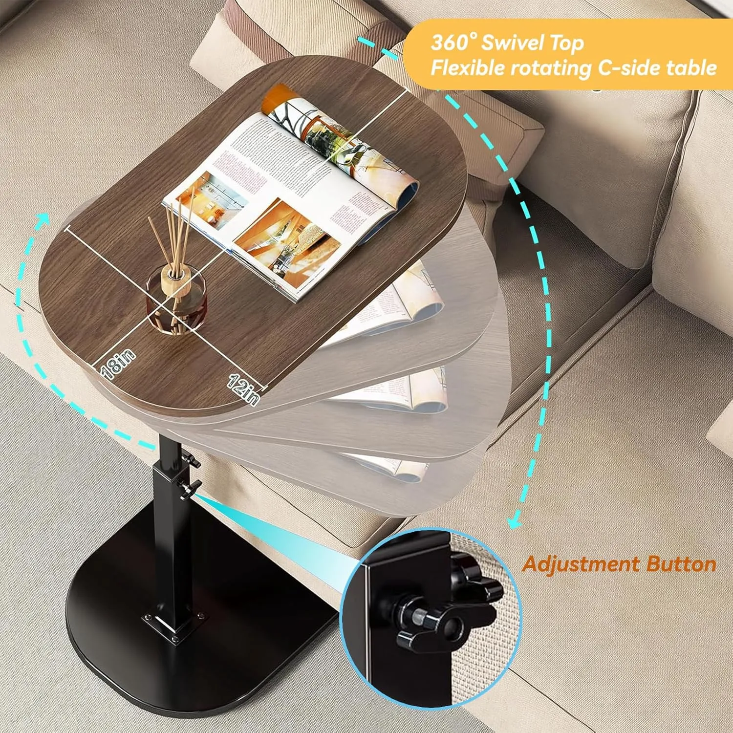 C Shaped End Table, Adjustable Height TV Tray, Swivel Couch Side Table That Slides Under (Walnut)