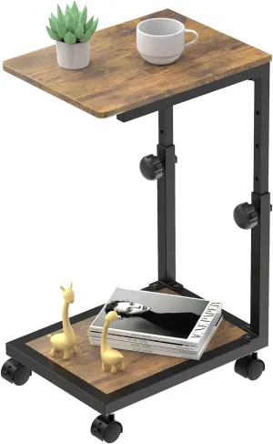 C Shaped End Table with Rolling Wheels, Height Adjustable Sofa Side Table for Small Space Bedroom, Industrial TV Tray Couch Table Cart for Living Room, Retro Brown & Black