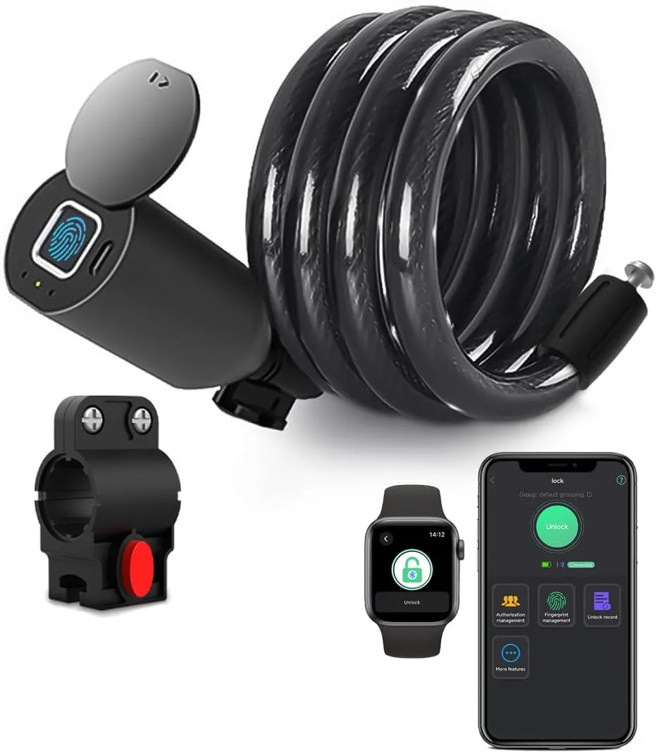 Cable Lock Keyless Waterproof Bicycle Lock eLinkSmart: 150cm Long Steel Cable Lock for Bike Scooter Motorcycle Door Fence Gate - Fingerprint Unlock Phone App Remote Authorized Support iOS Watch