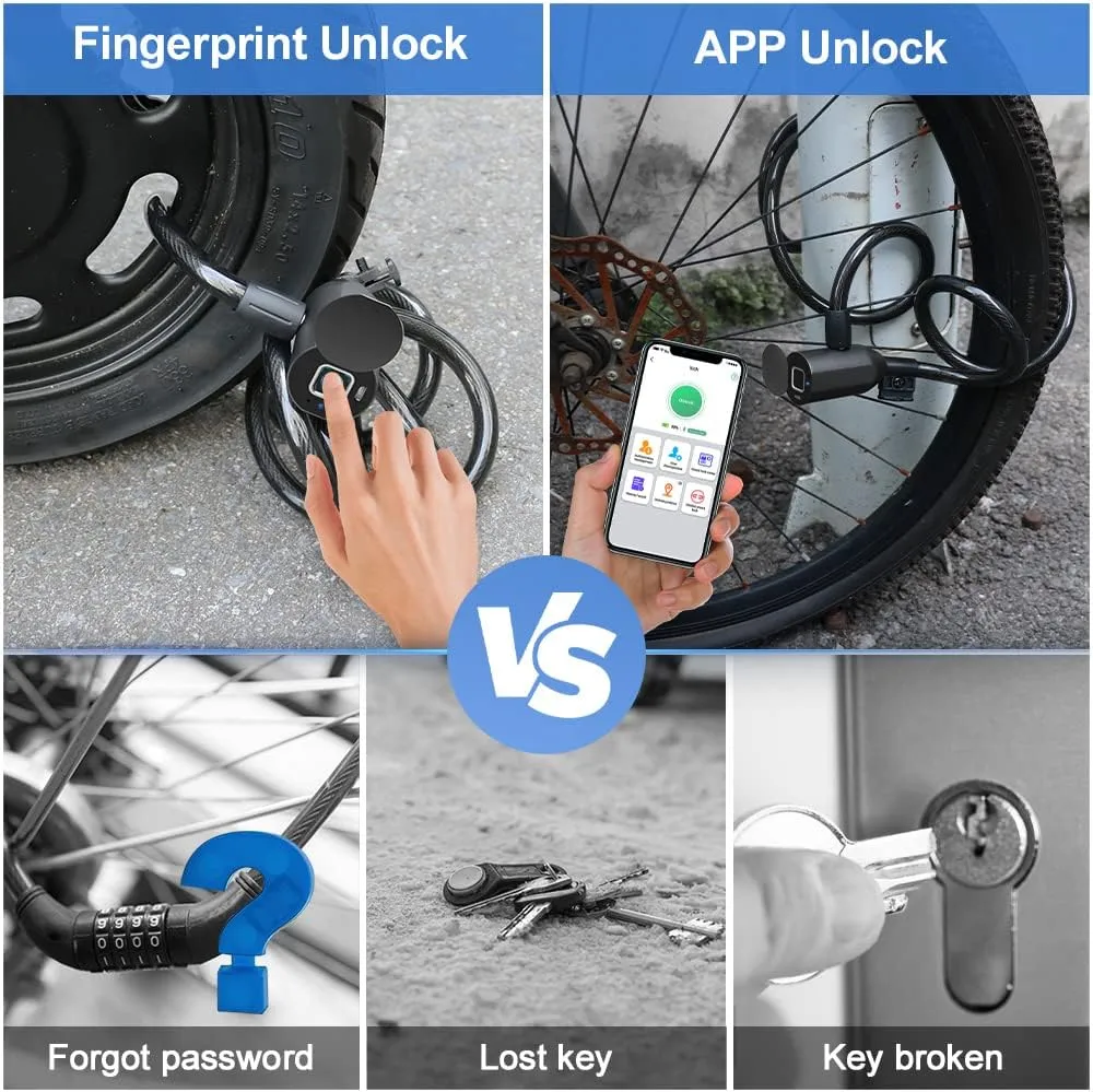 Cable Lock Keyless Waterproof Bicycle Lock eLinkSmart: 150cm Long Steel Cable Lock for Bike Scooter Motorcycle Door Fence Gate - Fingerprint Unlock Phone App Remote Authorized Support iOS Watch