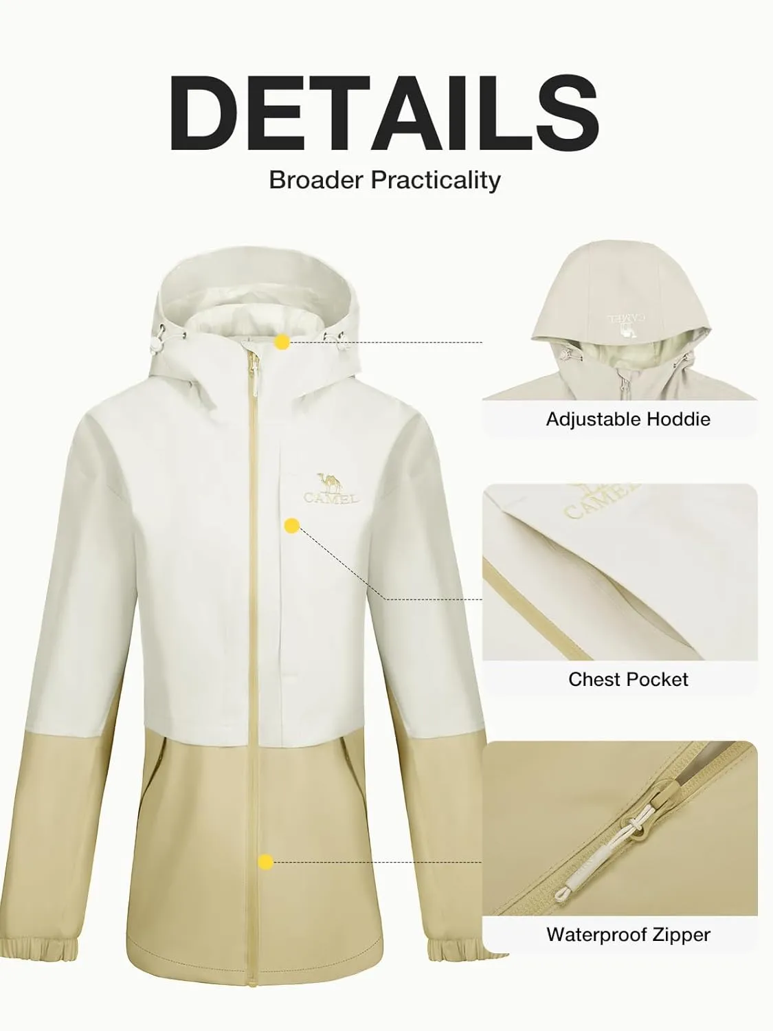 CAMEL Women's Waterproof Rain Jacket Lightweight Raincoat Hooded Softshell Windbreaker for Hiking Travel Outdoor