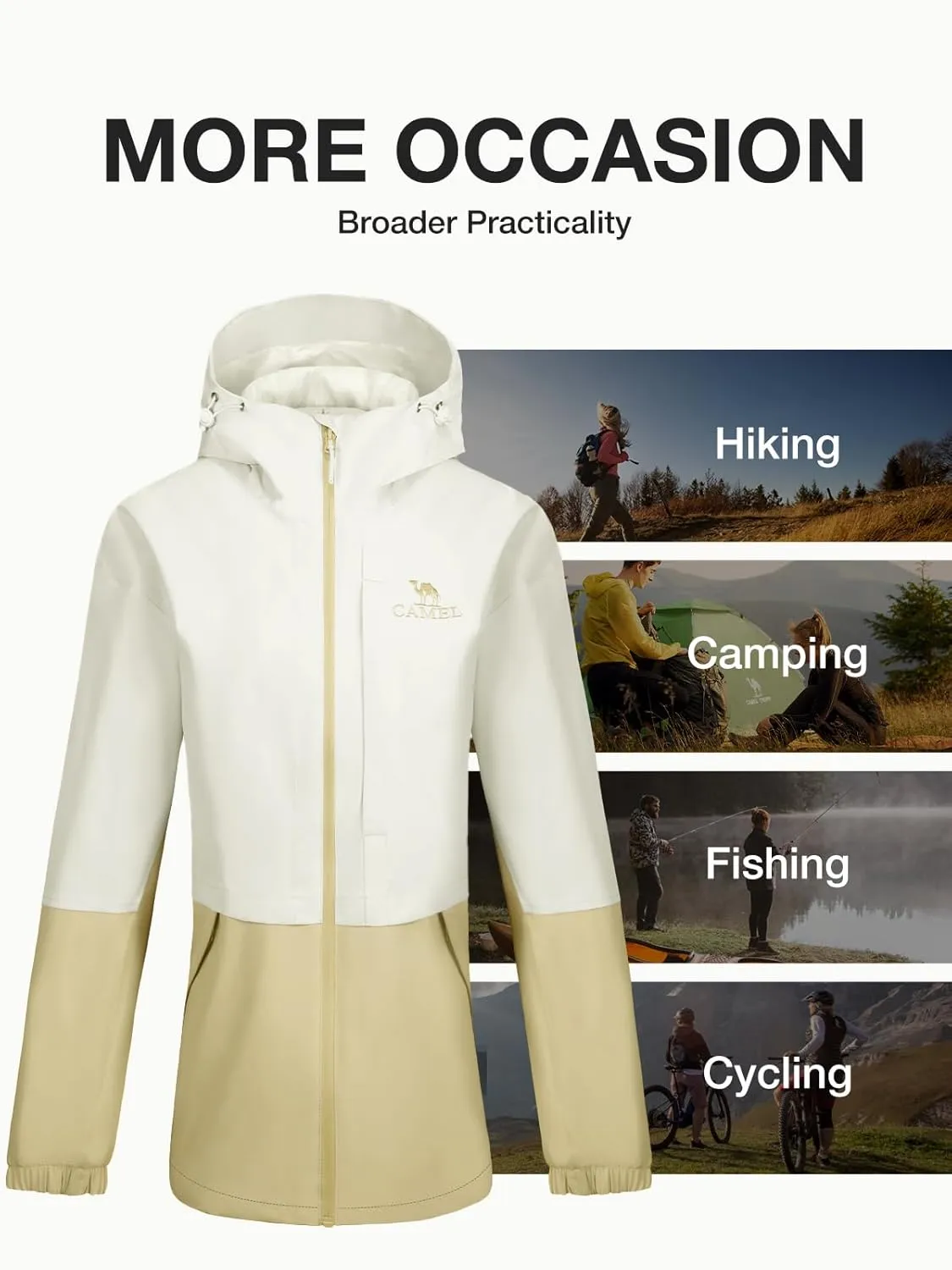 CAMEL Women's Waterproof Rain Jacket Lightweight Raincoat Hooded Softshell Windbreaker for Hiking Travel Outdoor