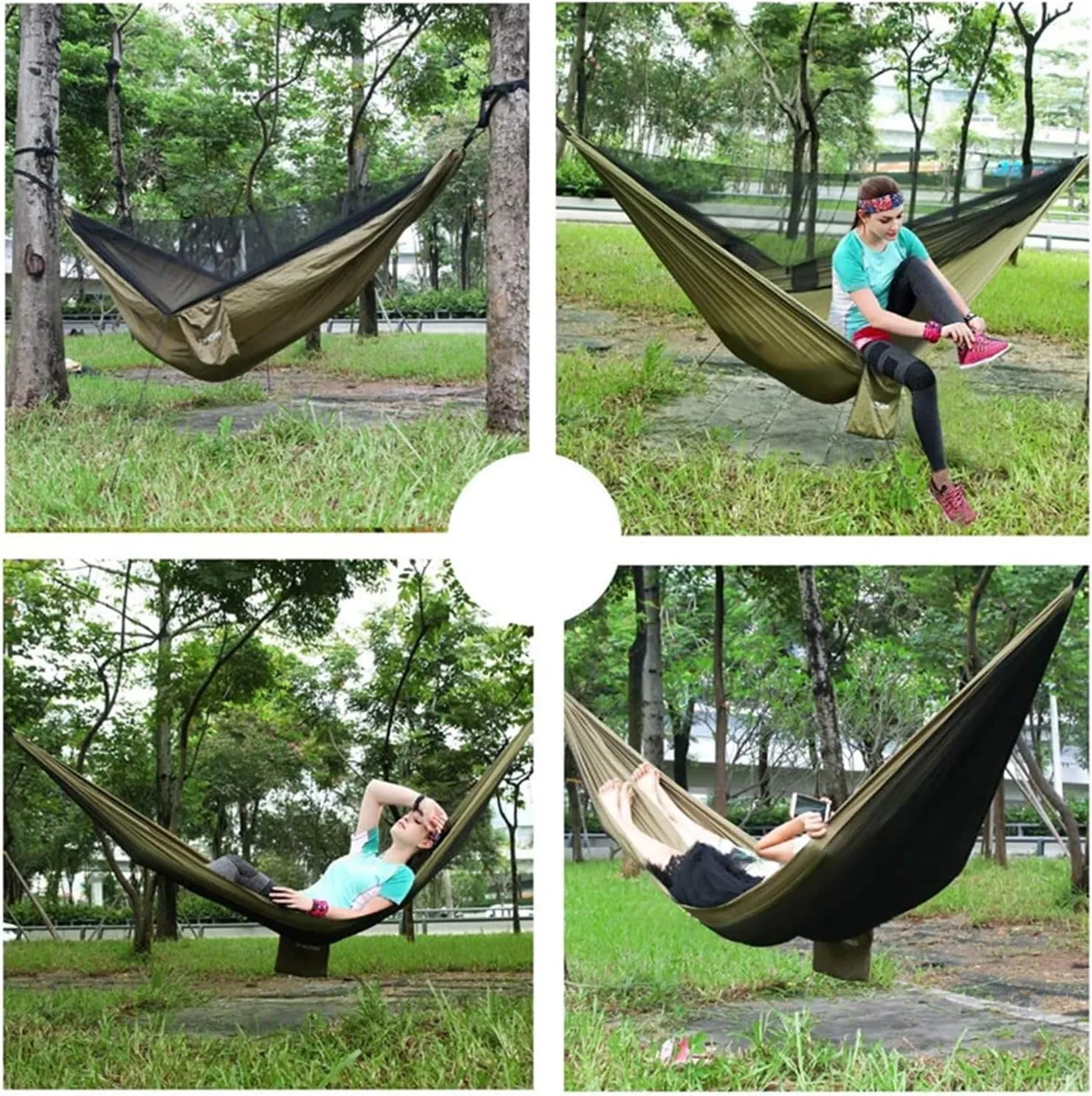 Camp Camping Hammock with Mosquito Net Portable Parachute 6 Strap Double Travel Hammock,Outdoor Backpacking Hammock Swing Chair Strong, Army Green